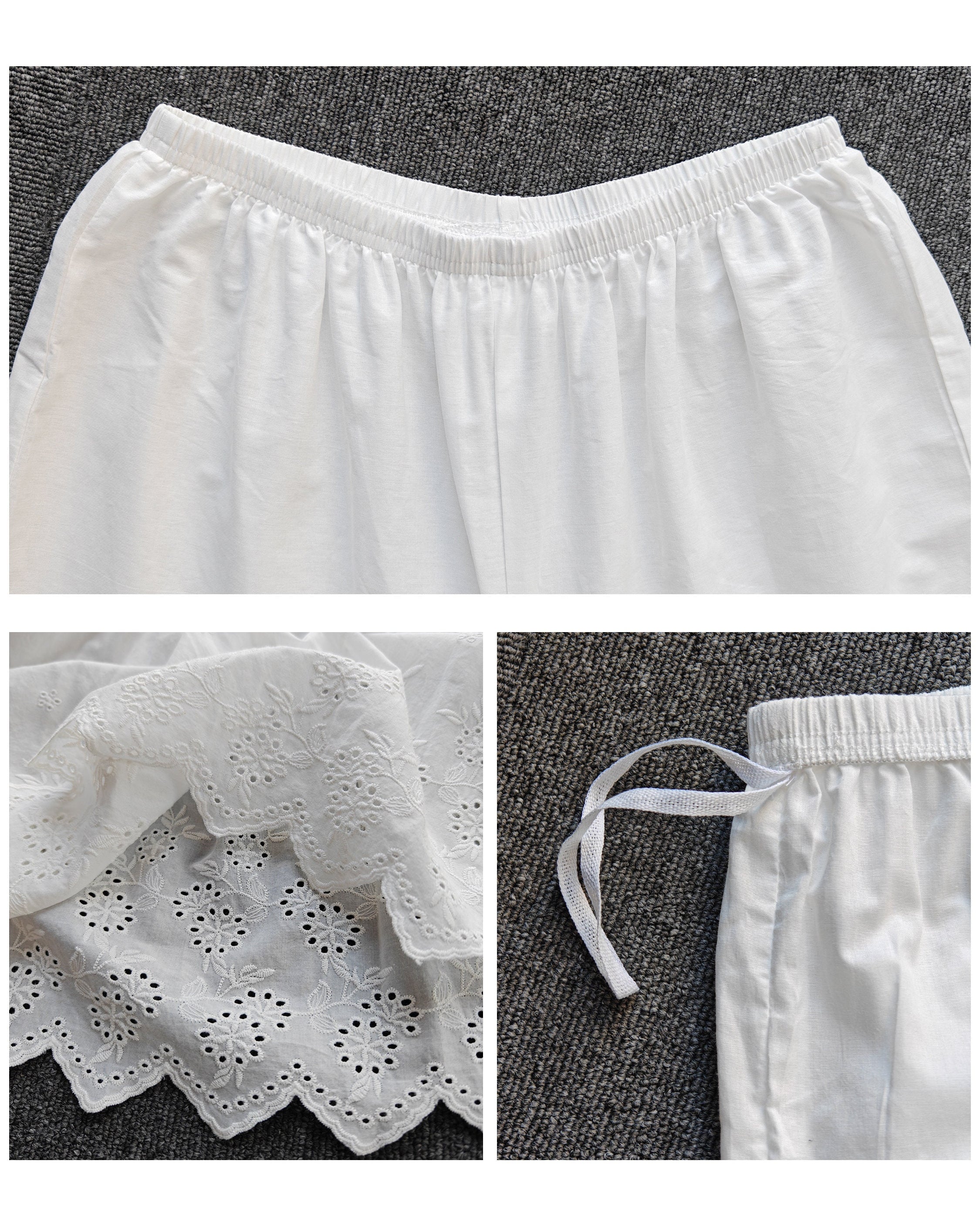 Women’s Bloomers Cotton Pantaloons Pajama Victorian Bloomer Pants Sleepwear Pettipants Floral embroidery Hem Ivory Black Cream