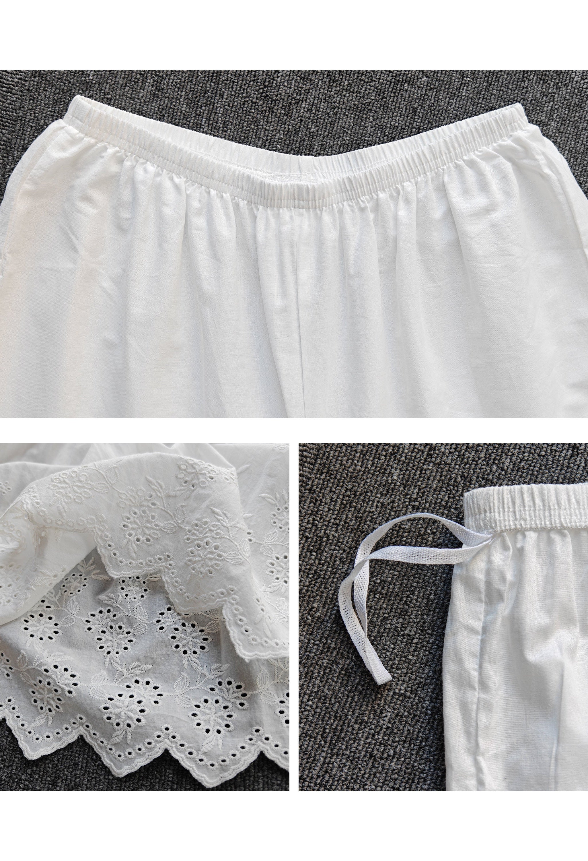Women’s Bloomers Cotton Pantaloons Pajama Victorian Bloomer Pants Sleepwear Pettipants Floral embroidery Hem Ivory Black Cream