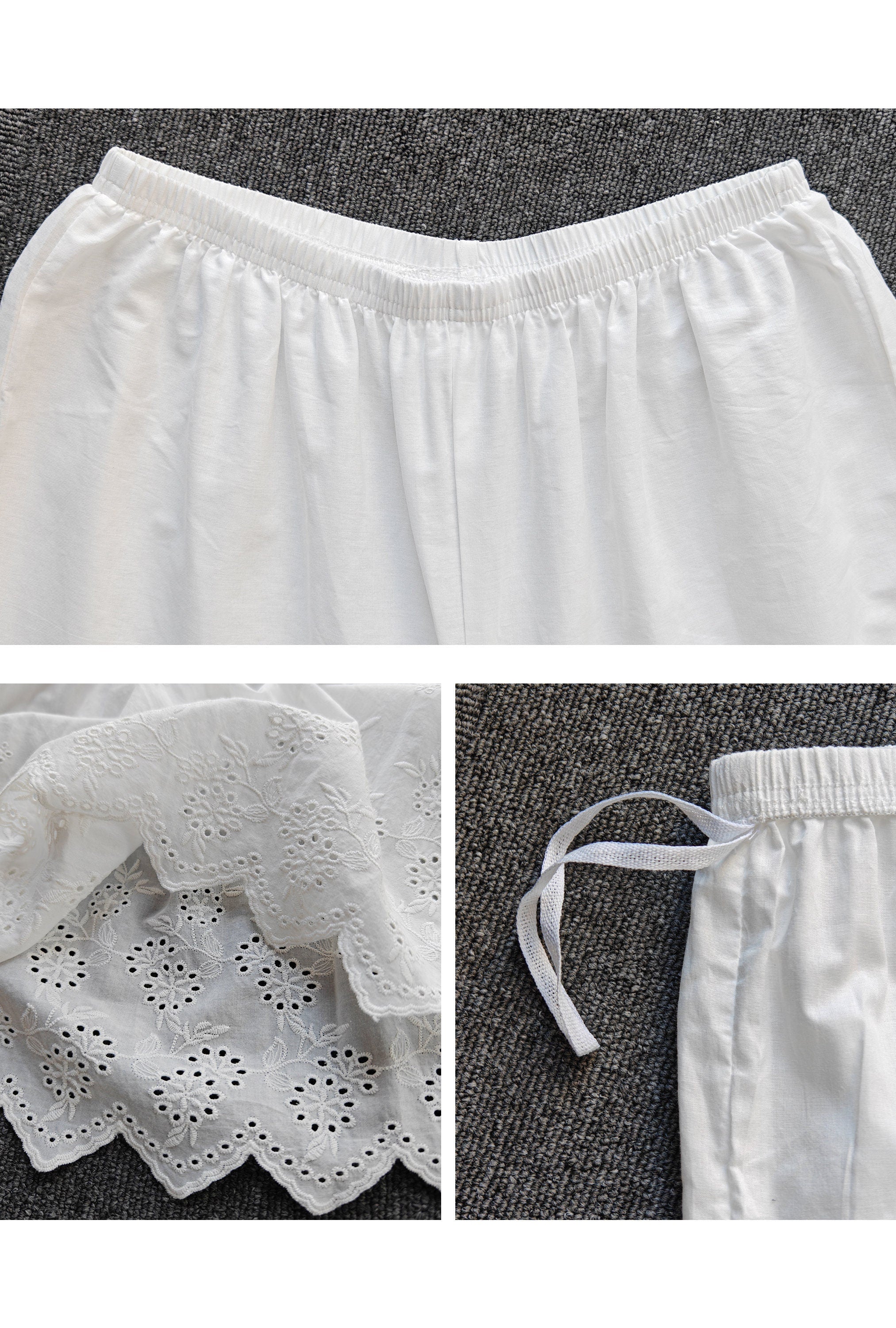 Women’s Bloomers Cotton Pantaloons Pajama Victorian Bloomer Pants Sleepwear Pettipants Floral embroidery Hem Ivory Black Cream