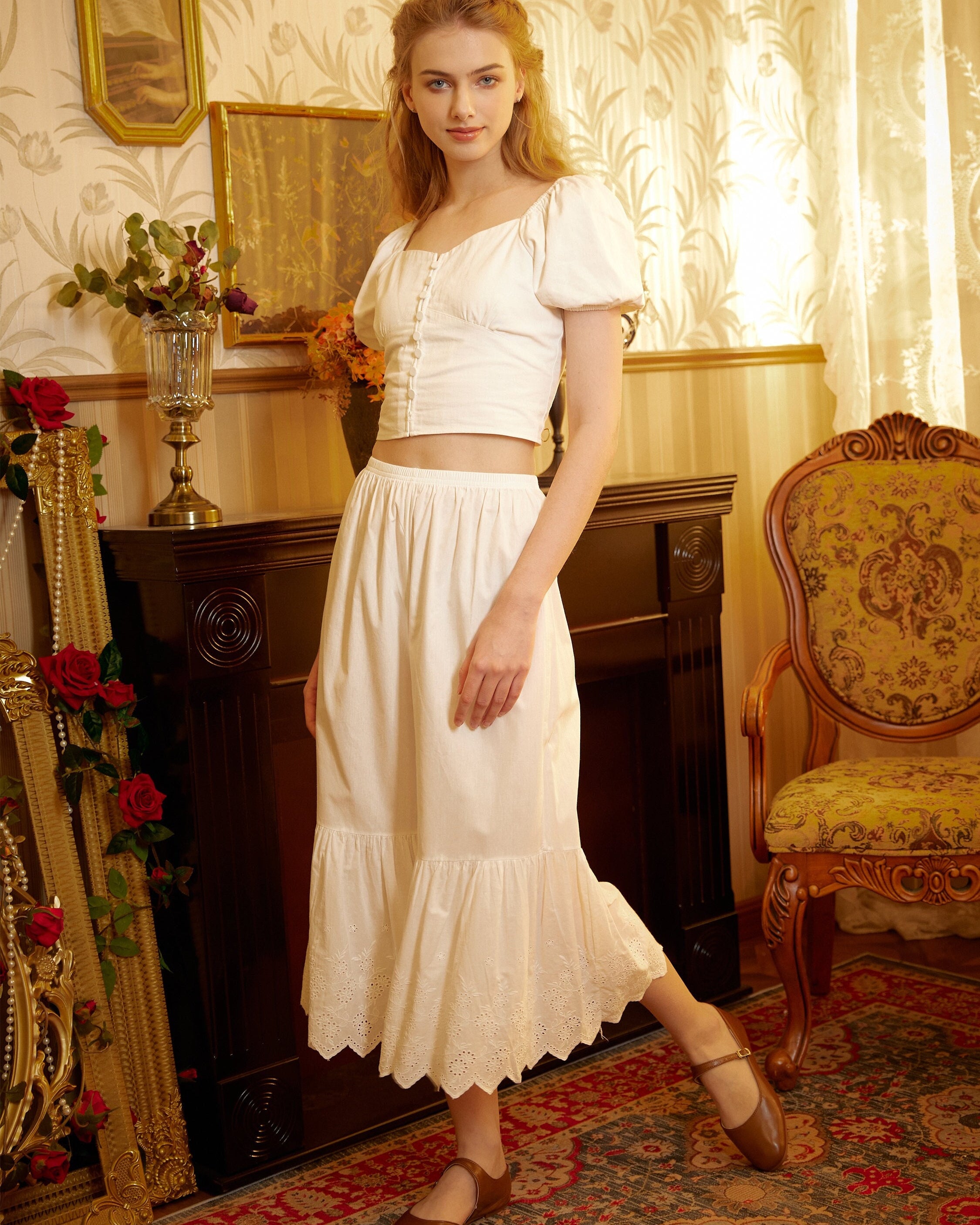 Women’s Bloomers Cotton Pantaloons Pajama Victorian Bloomer Pants Sleepwear Pettipants Floral embroidery Hem Ivory Black Cream