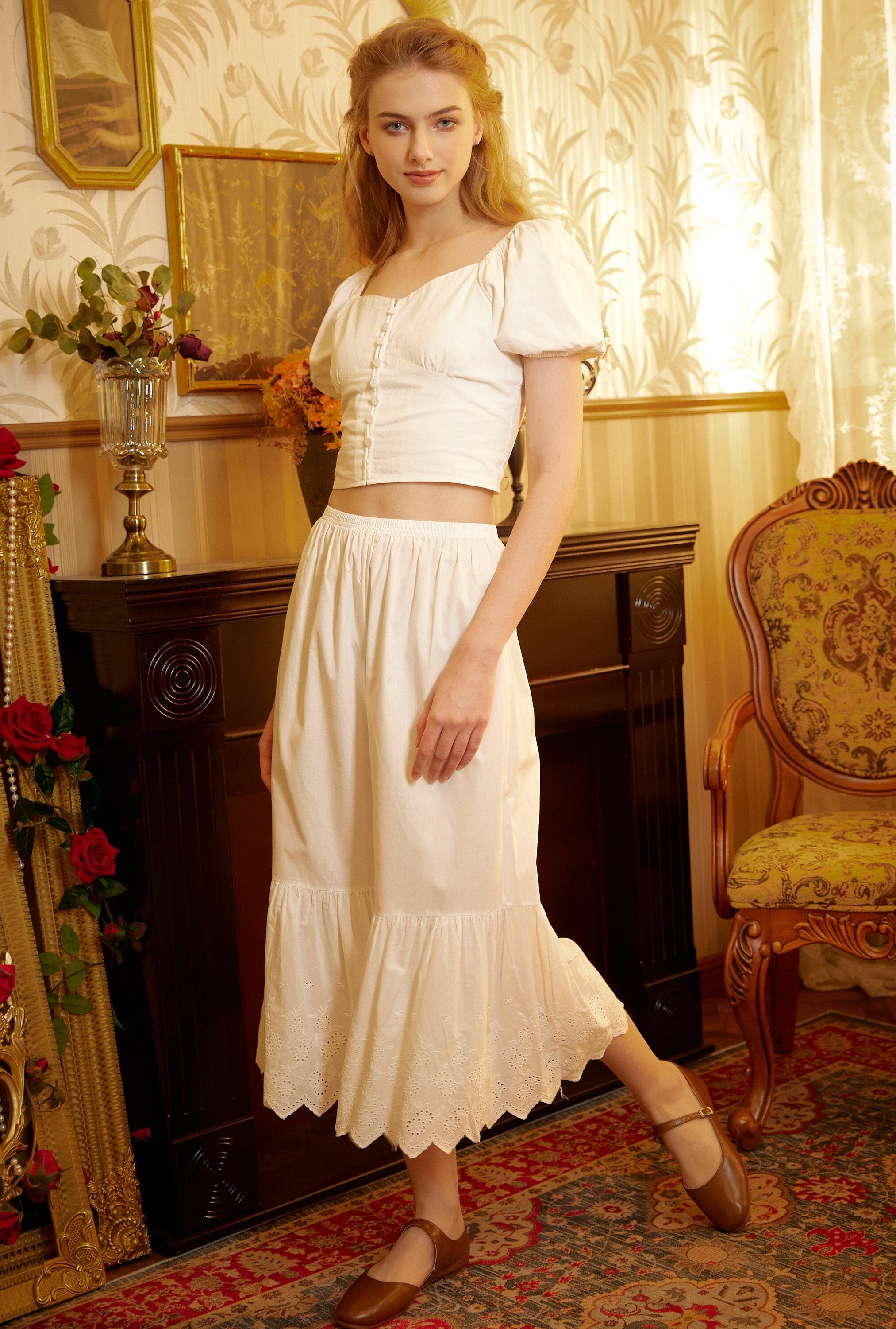 Women’s Bloomers Cotton Pantaloons Pajama Victorian Bloomer Pants Sleepwear Pettipants Floral embroidery Hem Ivory Black Cream