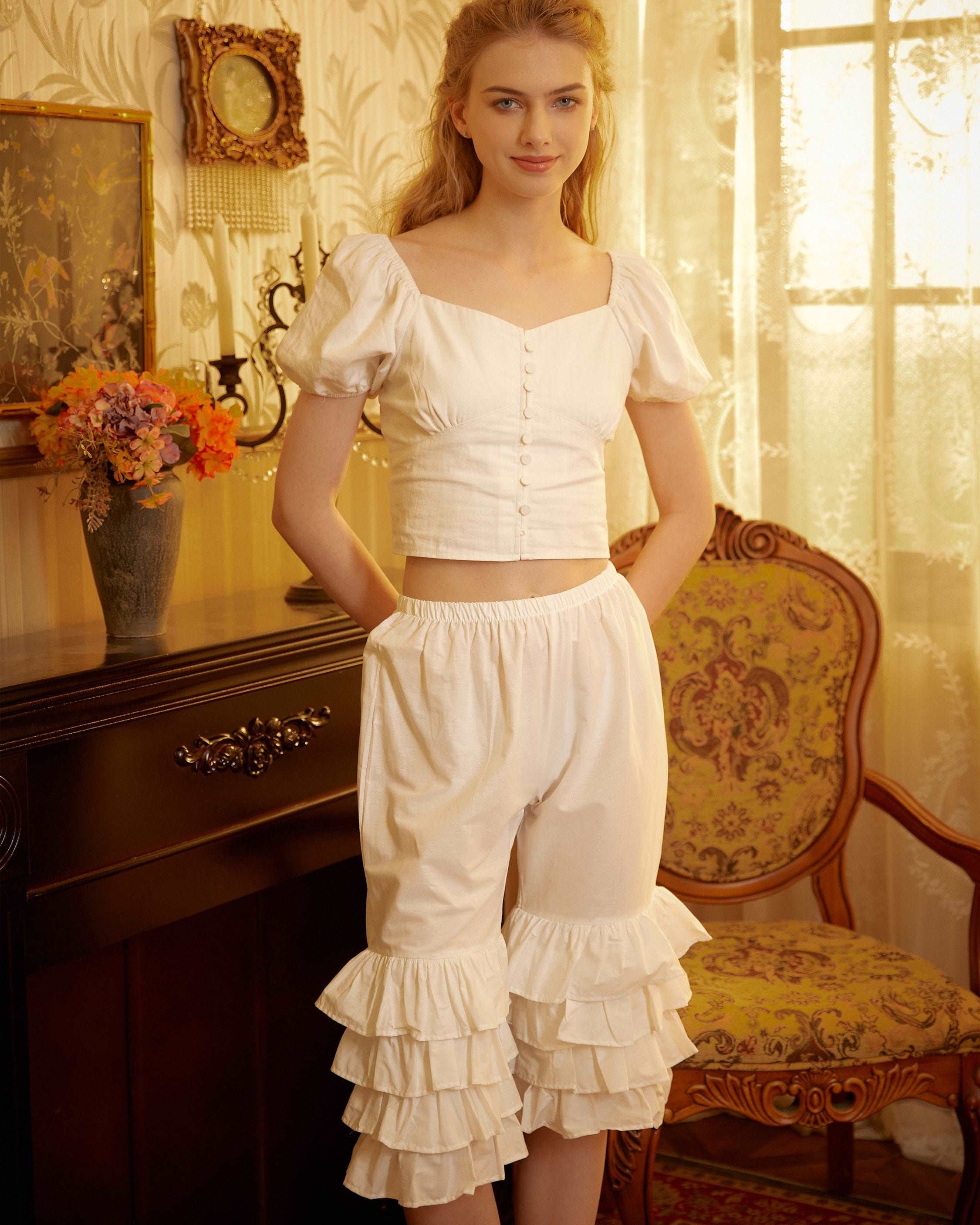 Cotton Victorian Bloomers Ruffles Woman Pantaloons Bloomer Pants Cropped Pants Loungewear Cotton Pettipants