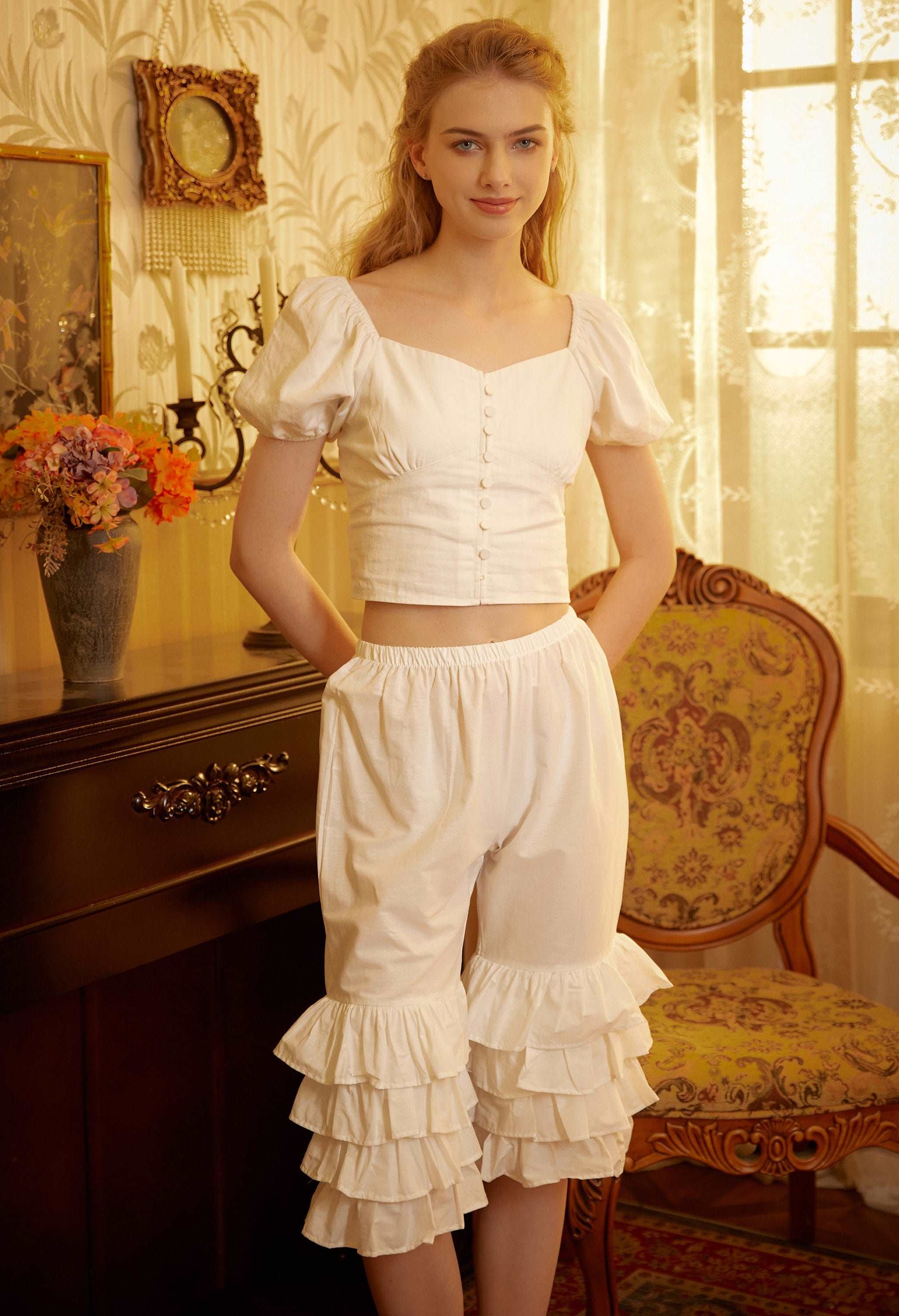 Cotton Victorian Bloomers Ruffles Woman Pantaloons Bloomer Pants Cropped Pants Loungewear Cotton Pettipants