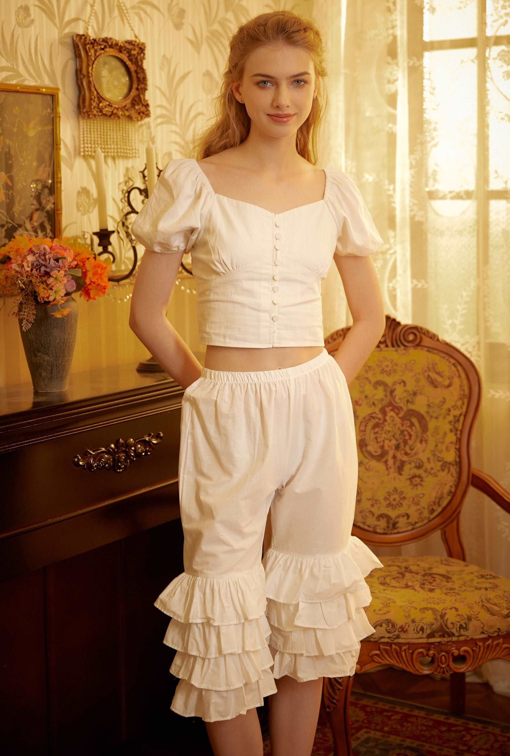 Cotton Victorian Bloomers Ruffles Woman Pantaloons Bloomer Pants Cropped Pants Loungewear Cotton Pettipants