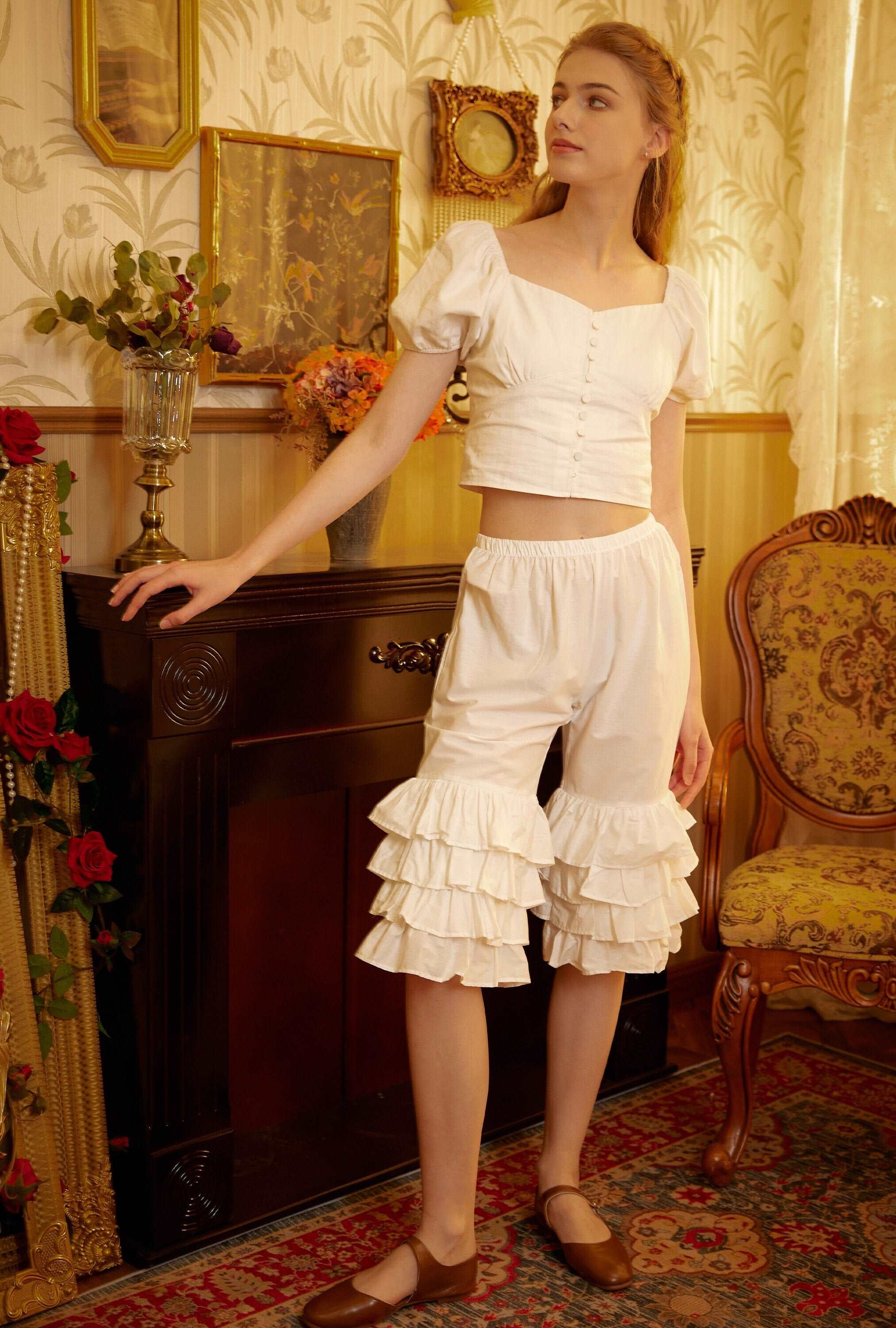 Cotton Victorian Bloomers Ruffles Woman Pantaloons Bloomer Pants Cropped Pants Loungewear Cotton Pettipants