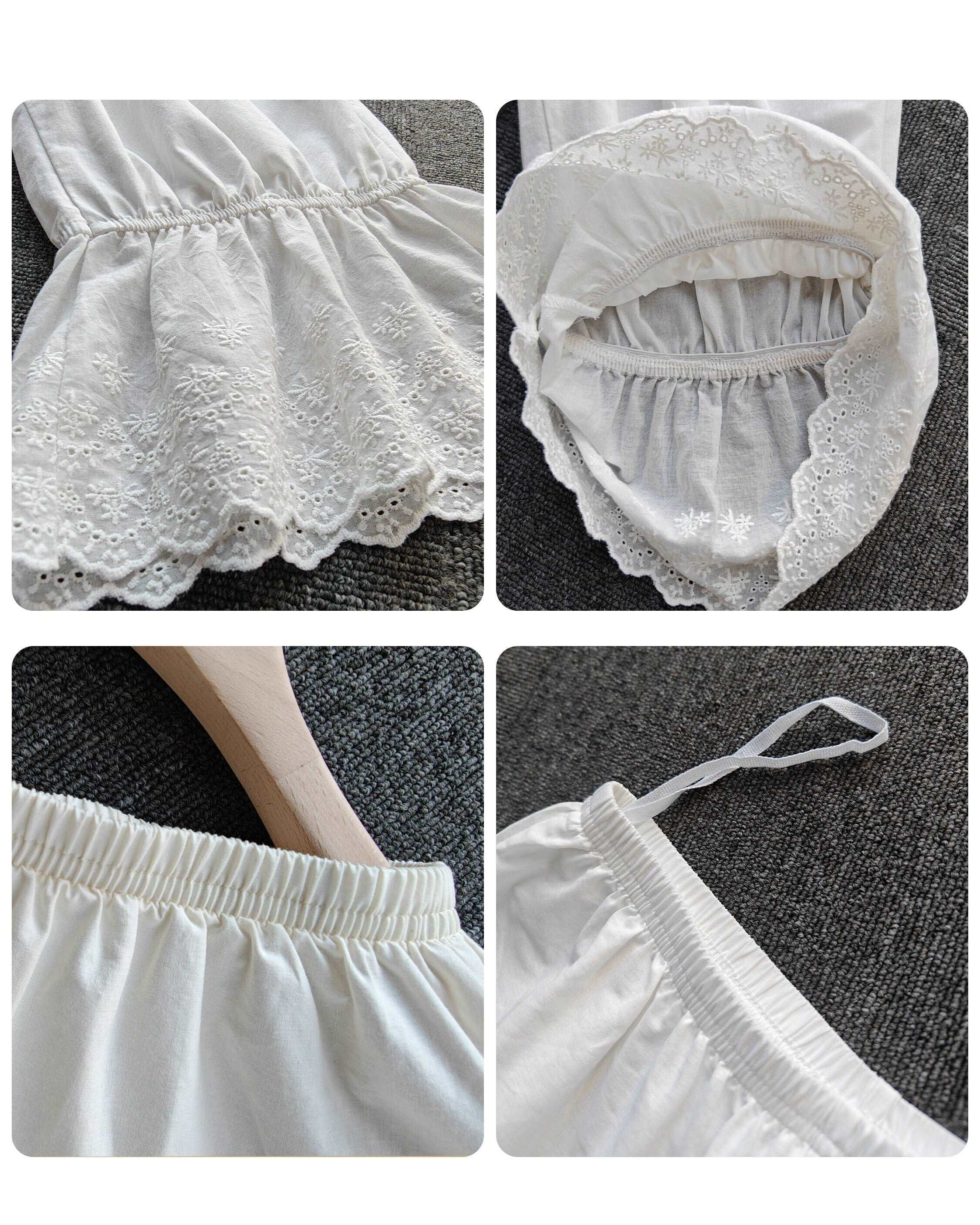 Cotton Bloomers Shorts Women Pantaloons Daisy Embroidery Petal Hem Pajama Capri Pants Vintage Style Cropped Pants Ivory Cream