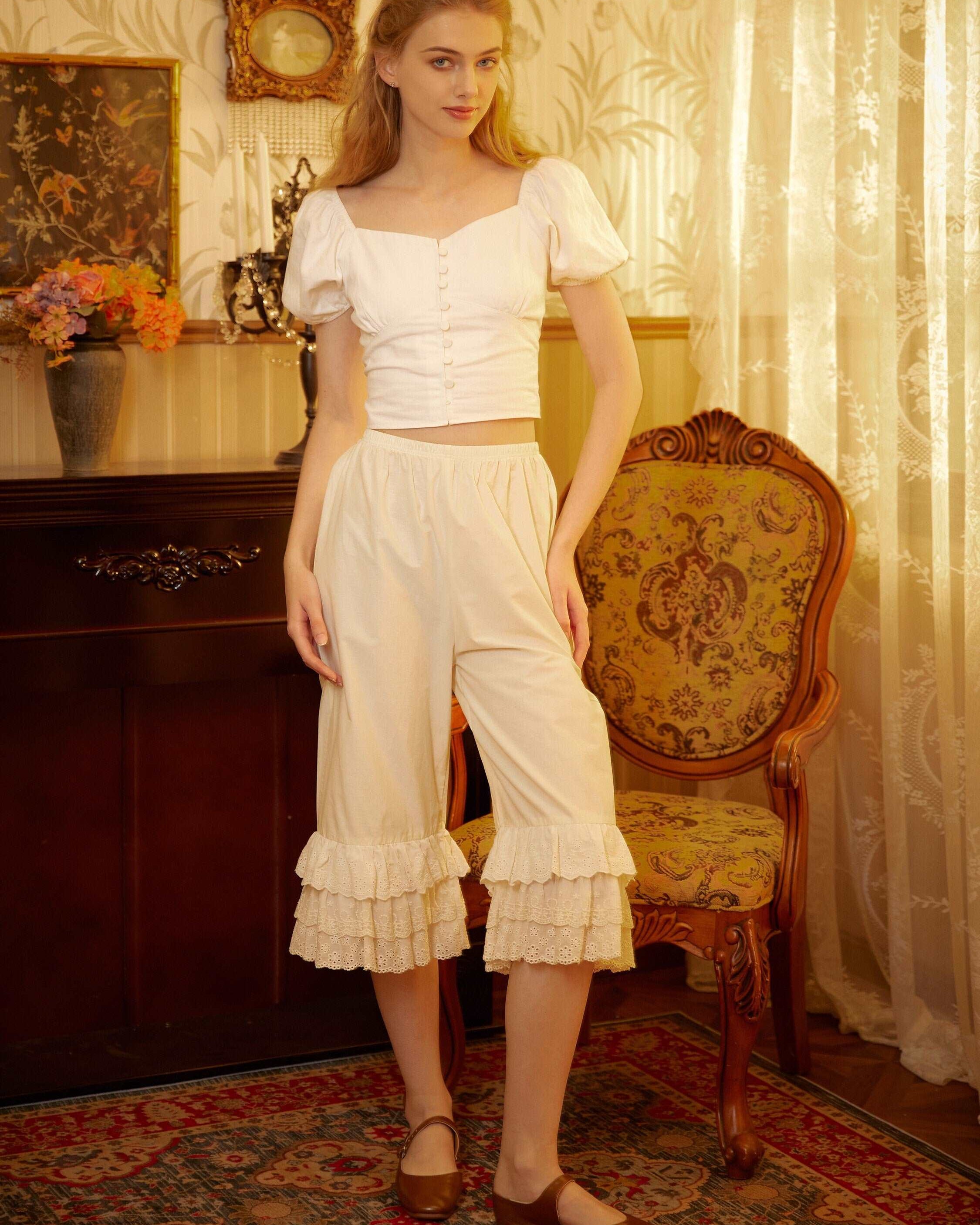 Cotton Bloomers Women Pantaloons Victorian Plus Size Bloomers Culottes Cropped Pants Loungewear Pettipants with Tiered Lace Edge