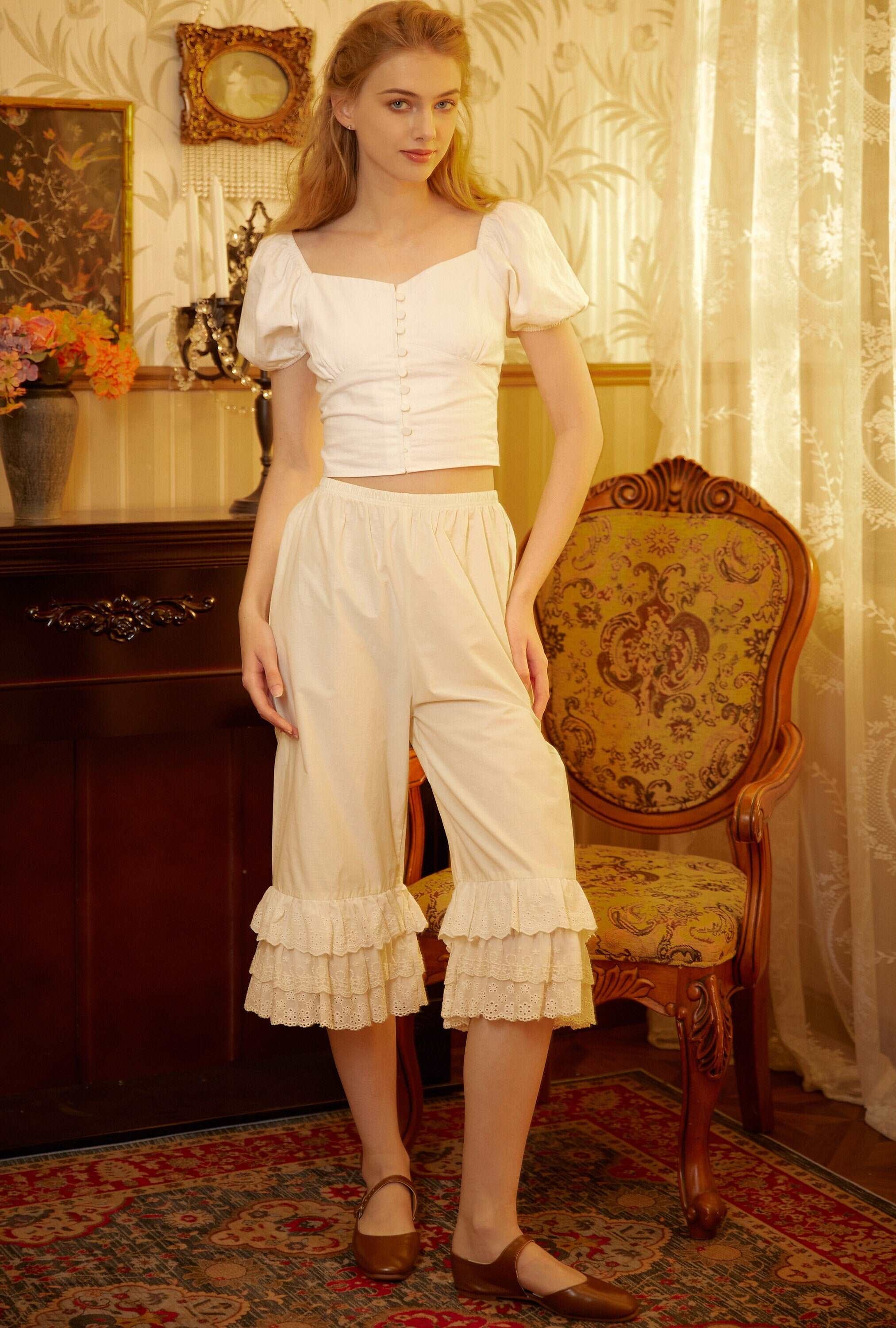 Cotton Bloomers Women Pantaloons Victorian Plus Size Bloomers Culottes Cropped Pants Loungewear Pettipants with Tiered Lace Edge
