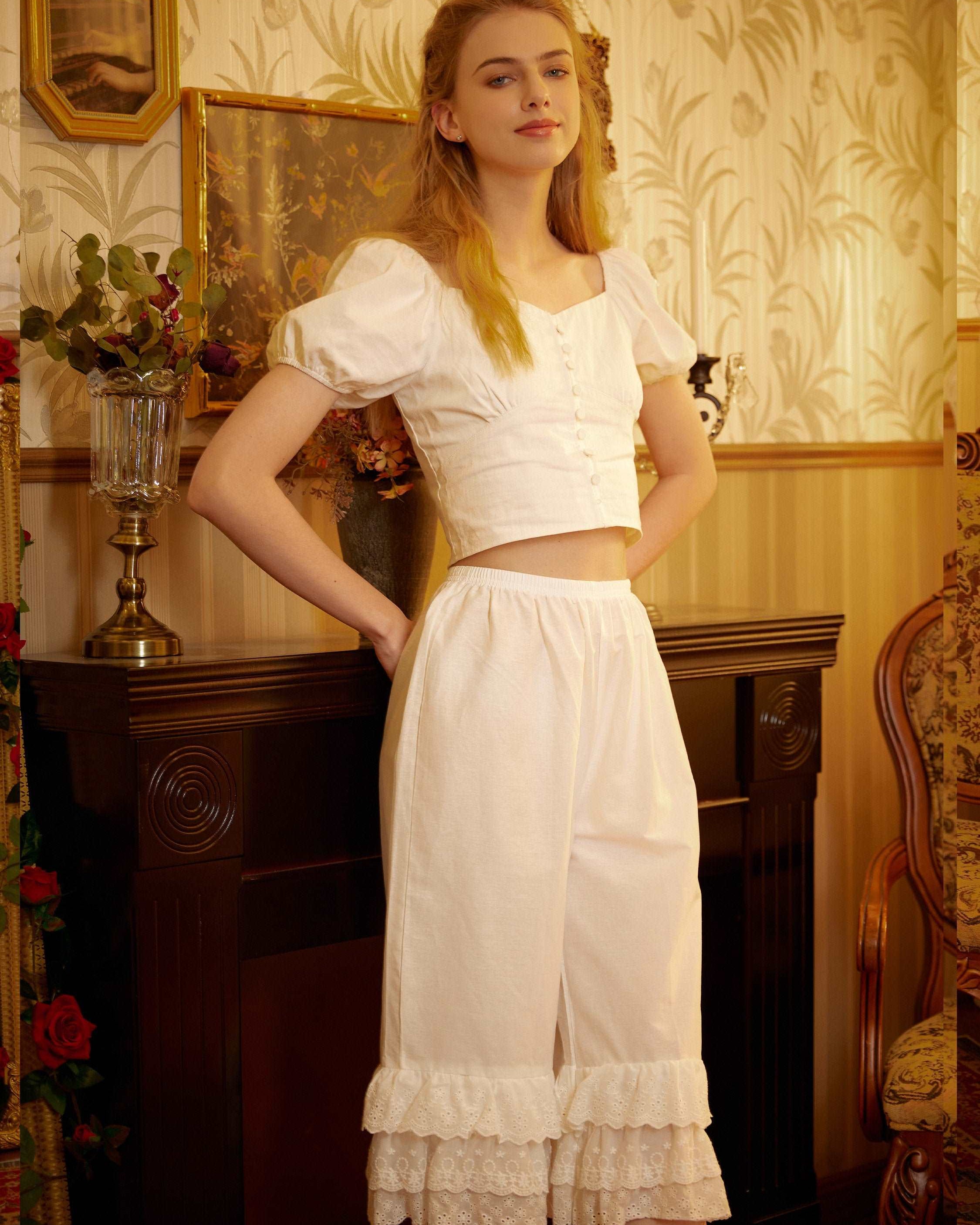 Cotton Bloomers Women Pantaloons Victorian Plus Size Bloomers Culottes Cropped Pants Loungewear Pettipants with Tiered Lace Edge