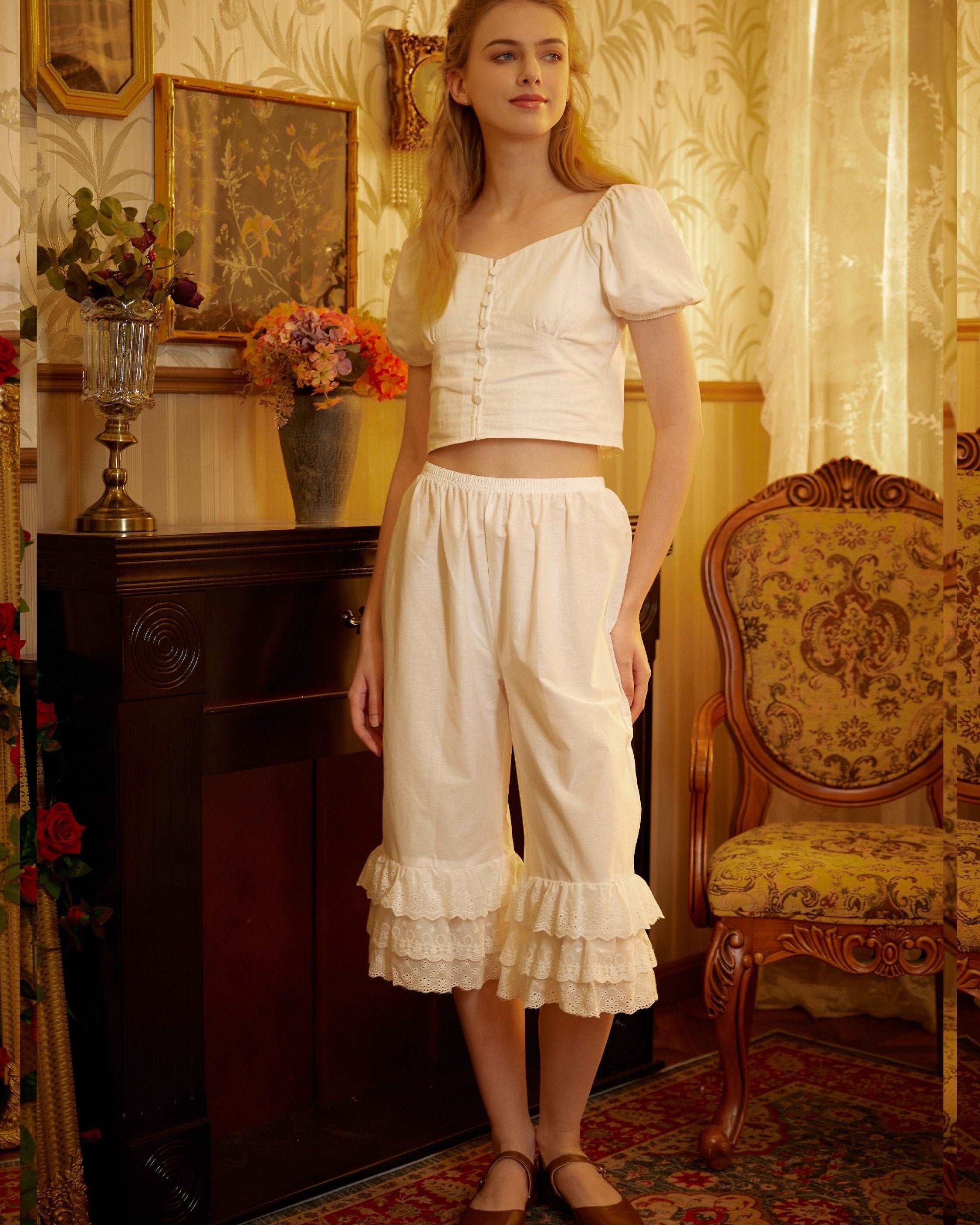 Cotton Bloomers Women Pantaloons Victorian Plus Size Bloomers Culottes Cropped Pants Loungewear Pettipants with Tiered Lace Edge