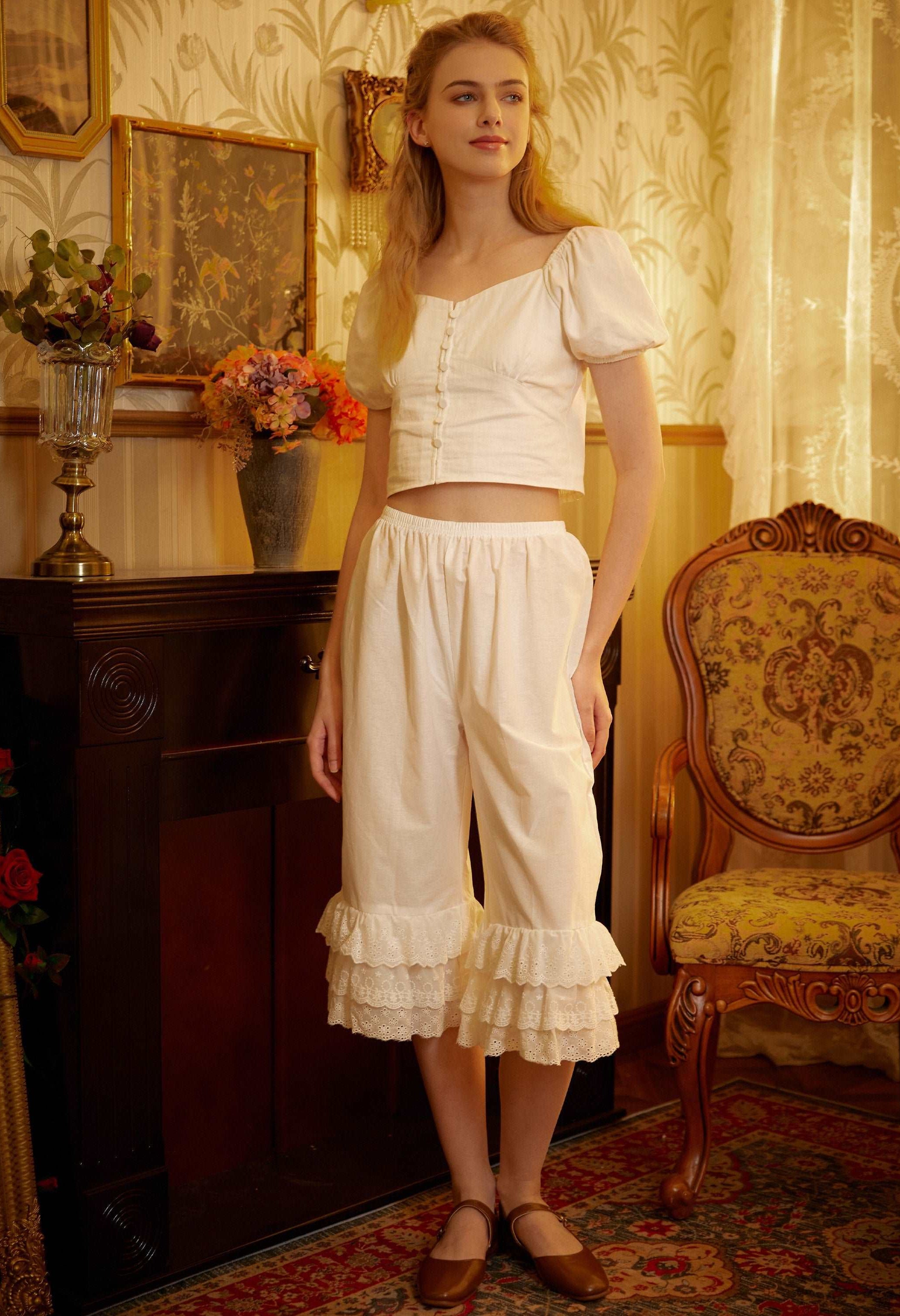 Cotton Bloomers Women Pantaloons Victorian Plus Size Bloomers Culottes Cropped Pants Loungewear Pettipants with Tiered Lace Edge