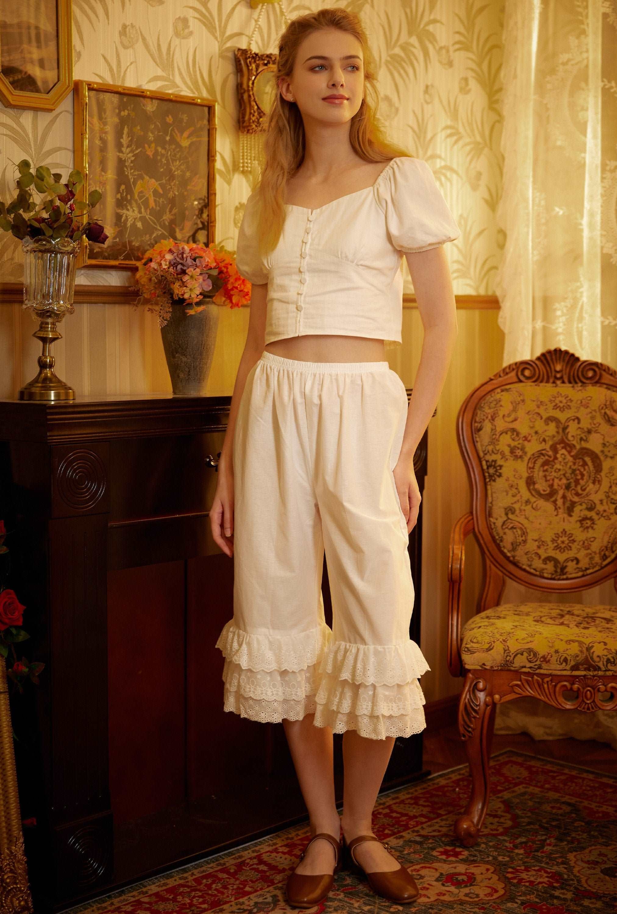 Cotton Bloomers Women Pantaloons Victorian Plus Size Bloomers Culottes Cropped Pants Loungewear Pettipants with Tiered Lace Edge