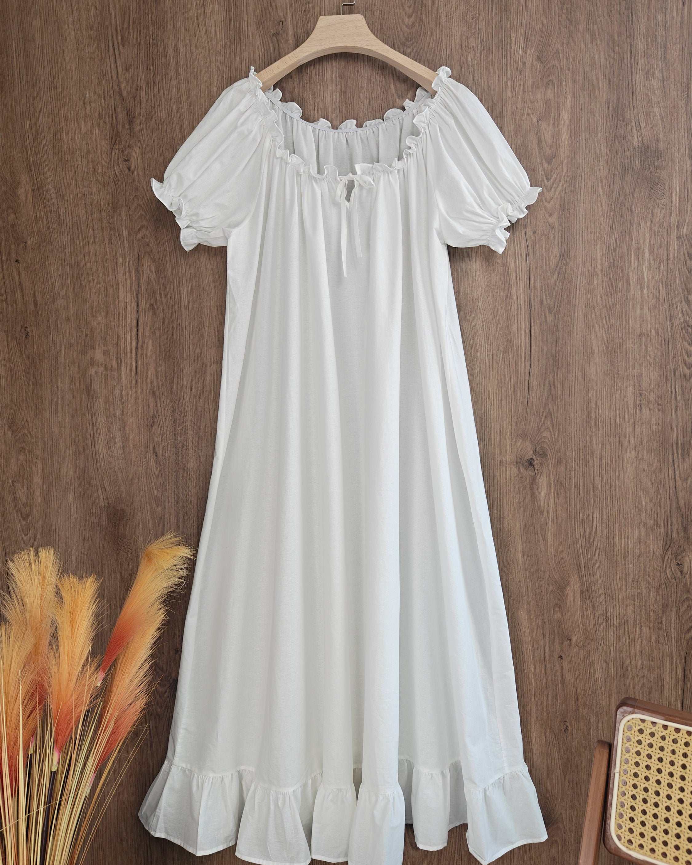Ruffled Victorian Nightgown Vintage Inspired Summer Nightgown Loose White Long Sleepwear Ruffled Scoop Neckline Dress Elastic Sleeves