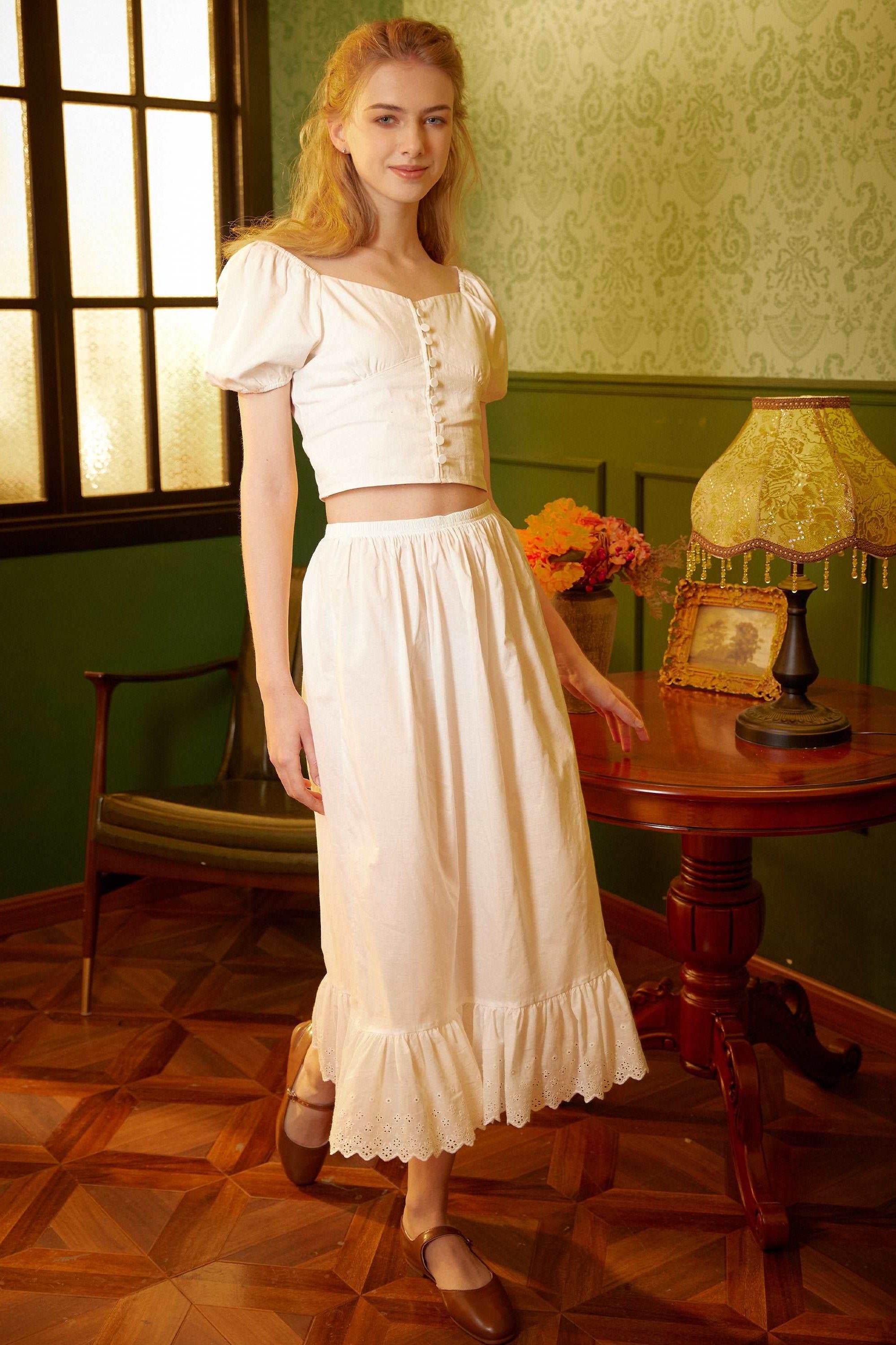 Half Slip Cotton Petticoat Skirt Extender Slip Lace Embroidery Unterrock Medieval Underskirt Ivory Black