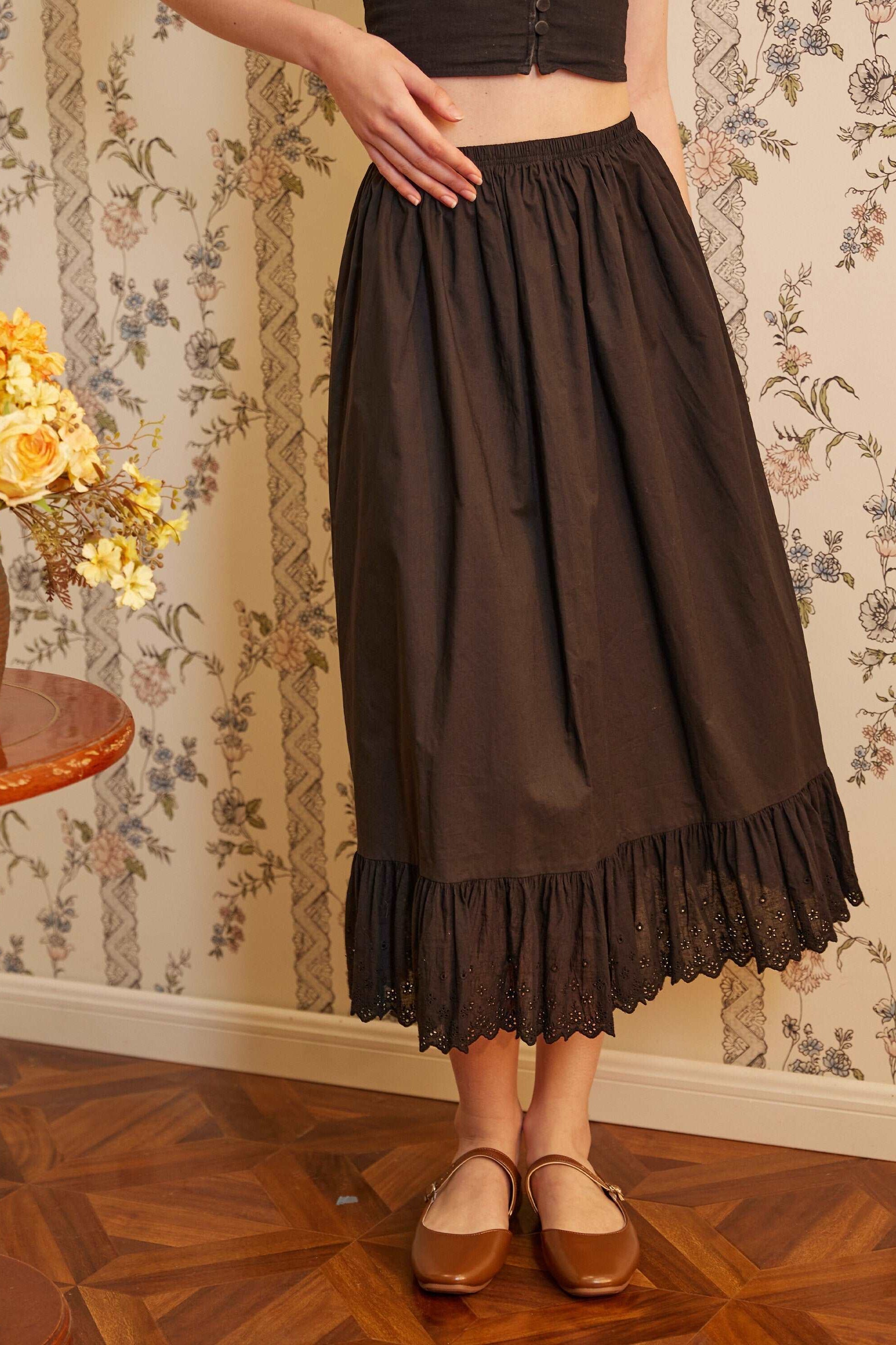 Half Slip Cotton Petticoat Skirt Extender Slip Lace Embroidery Unterrock Medieval Underskirt Ivory Black