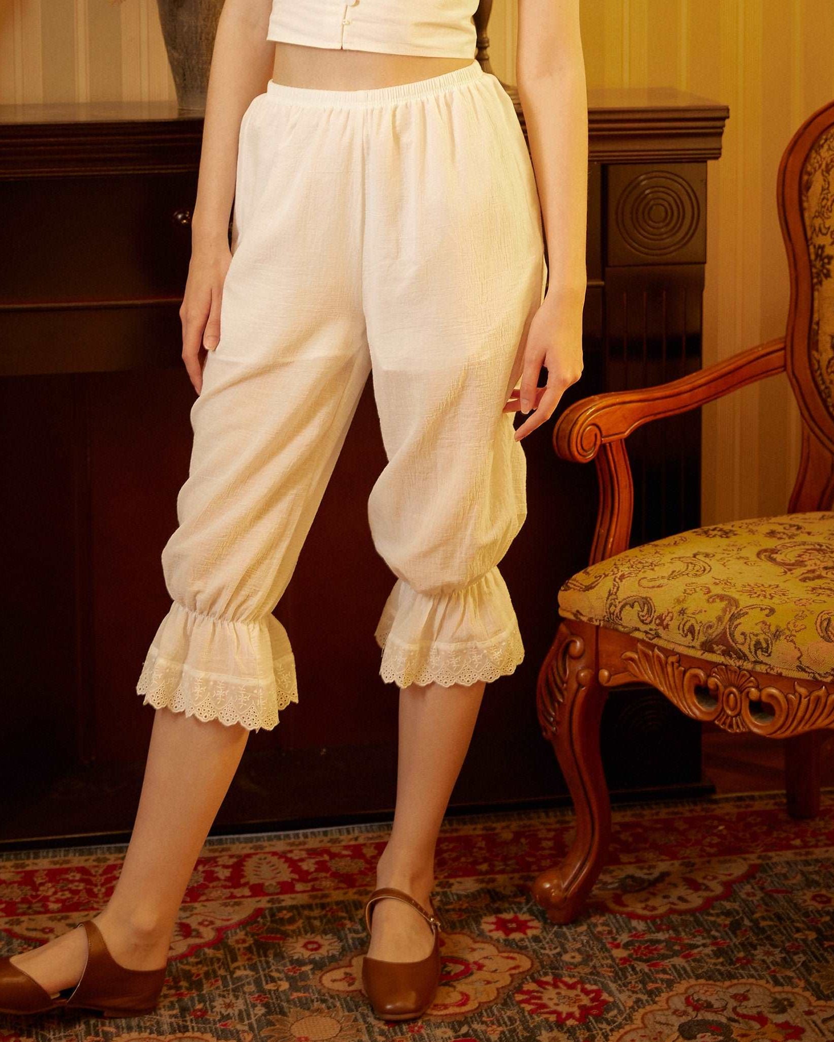 Bloomers Women Cotton Pantaloons Pajama Victorian Bloomers Capris Pants Sleepwear Pettipants with Elastic Lace Ruffle Hem Ivory