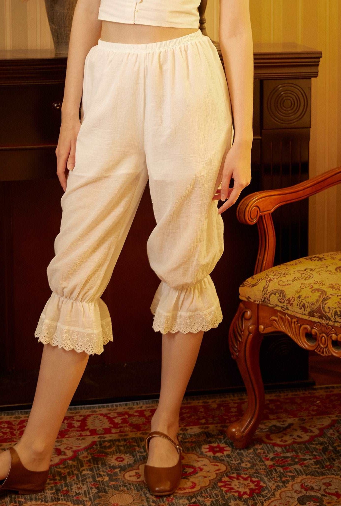 Bloomers Women Cotton Pantaloons Pajama Victorian Bloomers Capris Pants Sleepwear Pettipants with Elastic Lace Ruffle Hem Ivory
