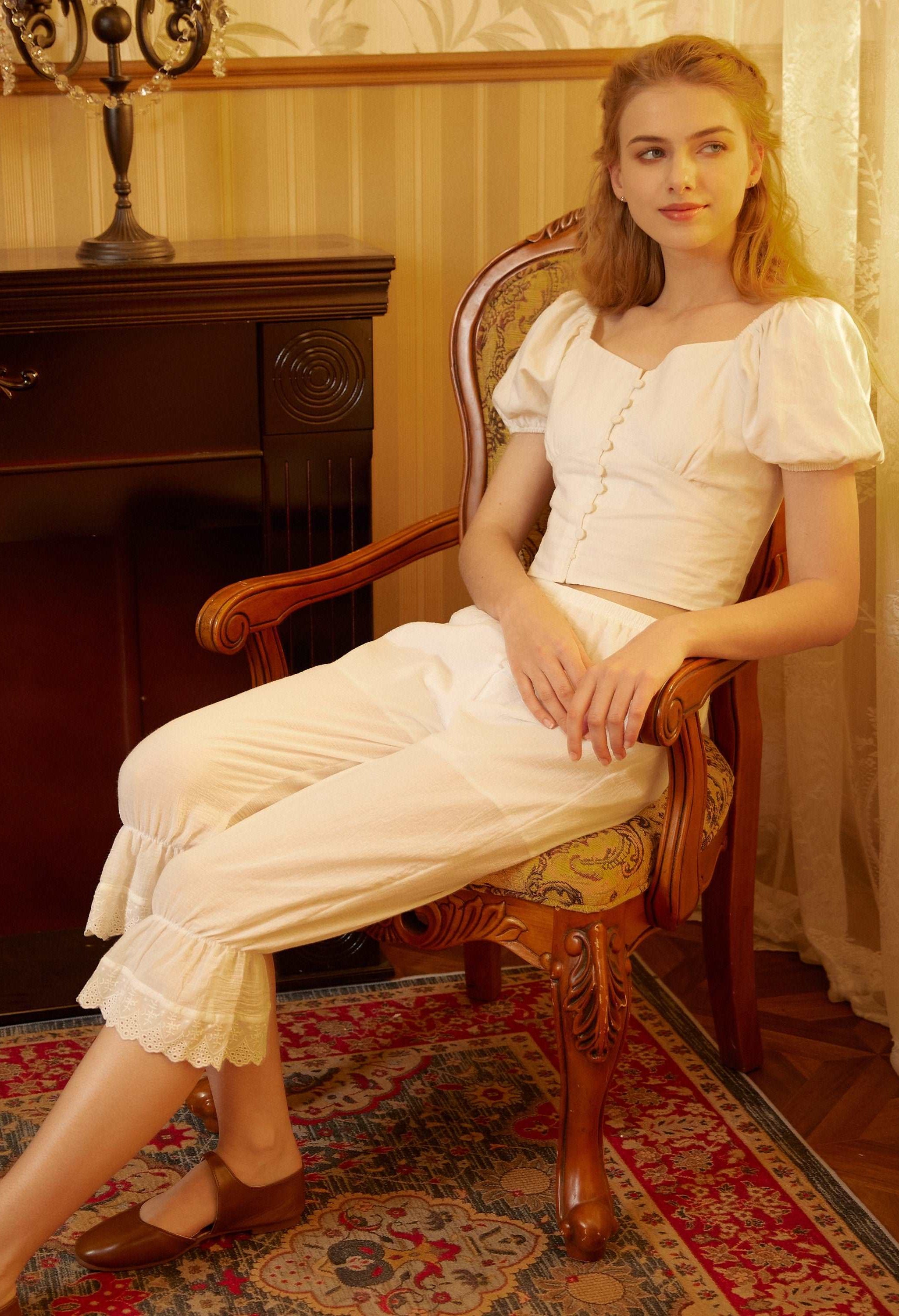 Bloomers Women Cotton Pantaloons Pajama Victorian Bloomers Capris Pants Sleepwear Pettipants with Elastic Lace Ruffle Hem Ivory