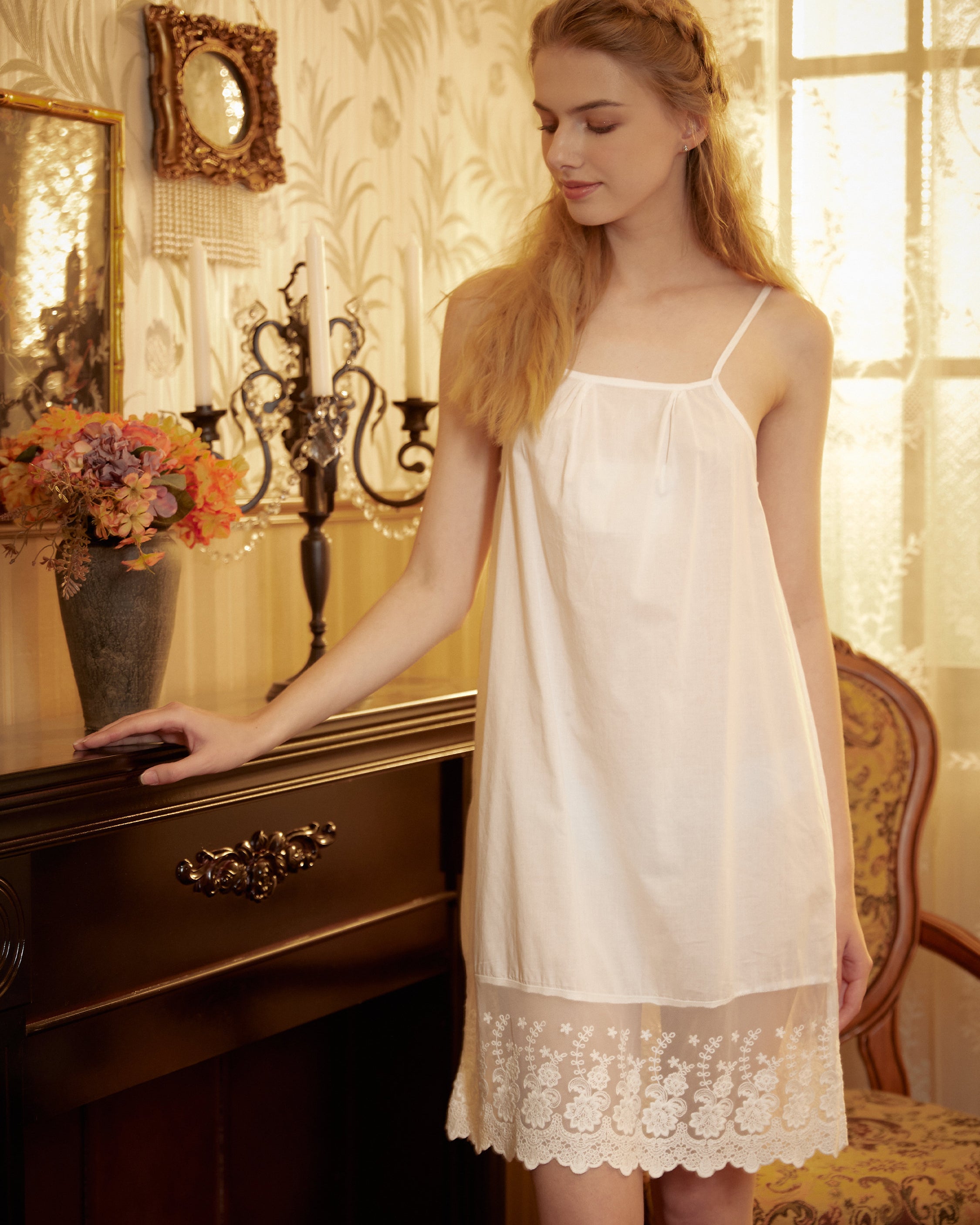 Women Full Cotton Slip Dress Victorian Petticoat Skirt Extender Sleepwear Full slip Strap Dress Flower and Vine Lace Hem