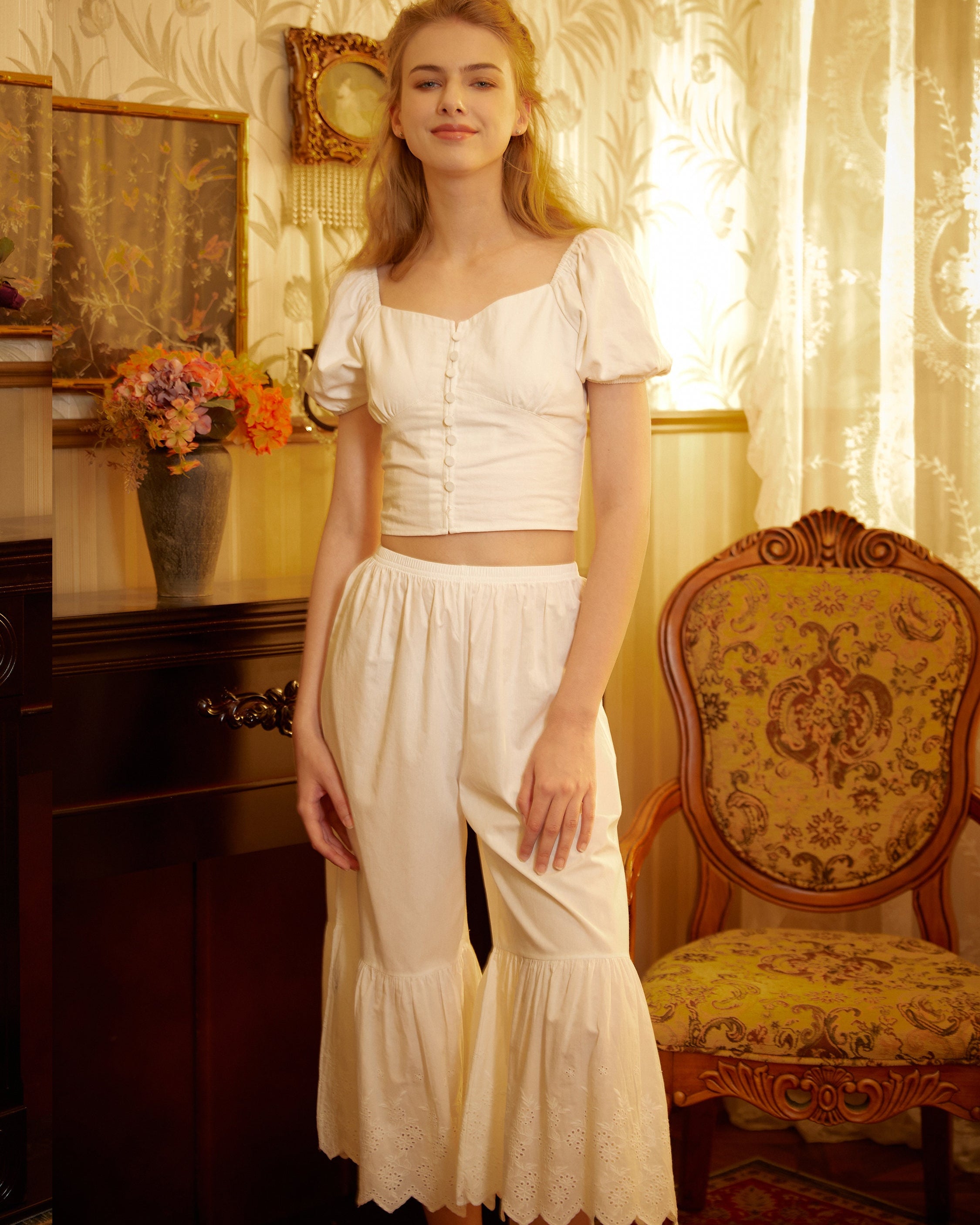 Women’s Bloomers Cotton Pantaloons Pajama Victorian Bloomer Pants Sleepwear Pettipants Floral embroidery Hem Ivory Black Cream