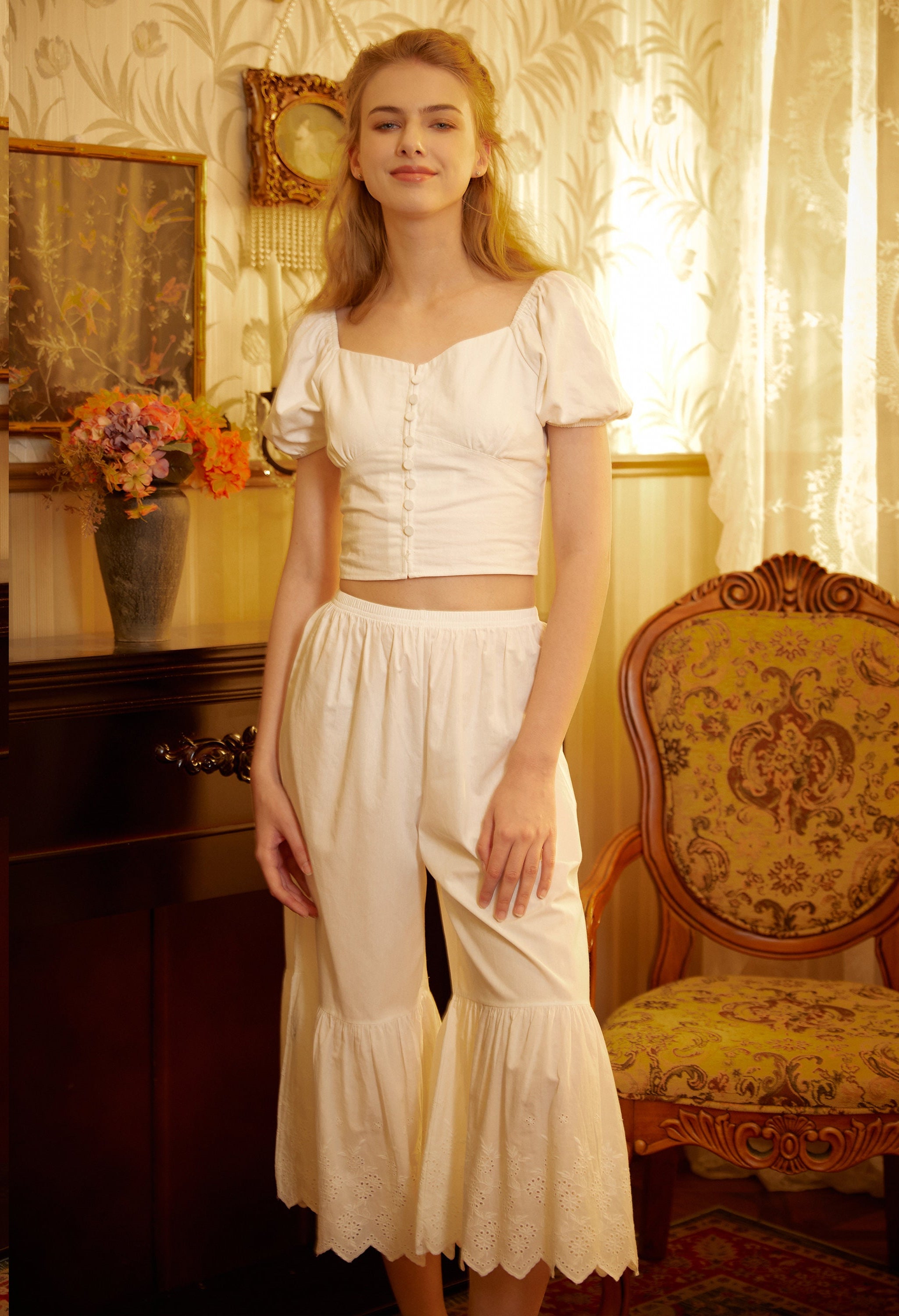 Women’s Bloomers Cotton Pantaloons Pajama Victorian Bloomer Pants Sleepwear Pettipants Floral embroidery Hem Ivory Black Cream