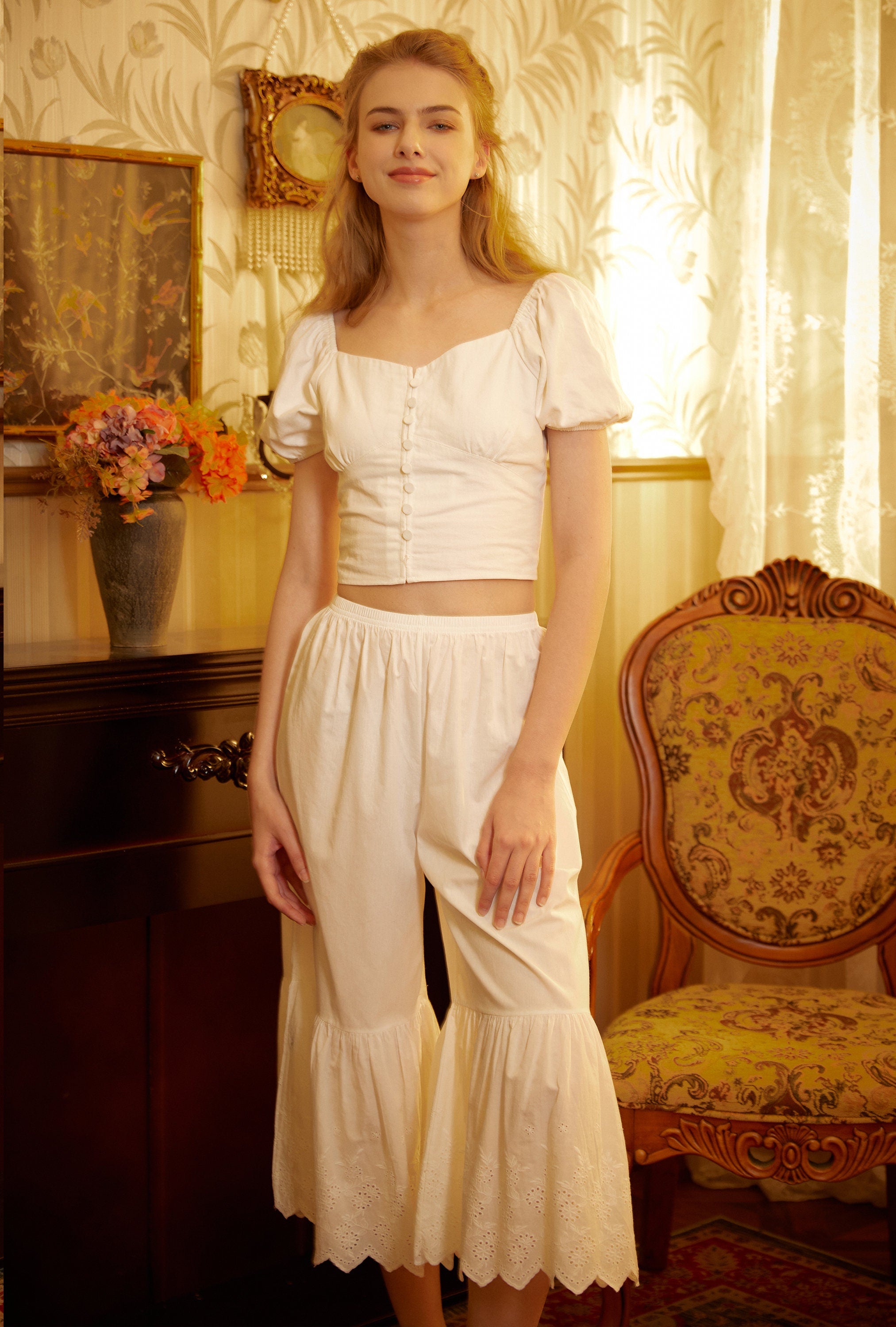 Women’s Bloomers Cotton Pantaloons Pajama Victorian Bloomer Pants Sleepwear Pettipants Floral embroidery Hem Ivory Black Cream