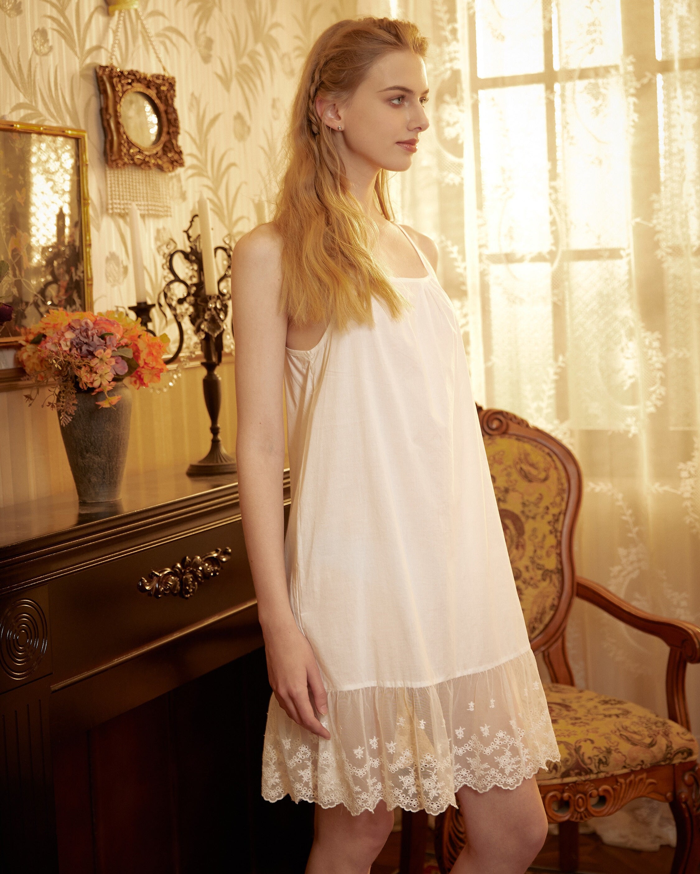 Women Full Cotton Slip Dress Retro Style Petticoat Skirt Extender Sleepwear Full slip Strap Dress Flower Embroidery Hem