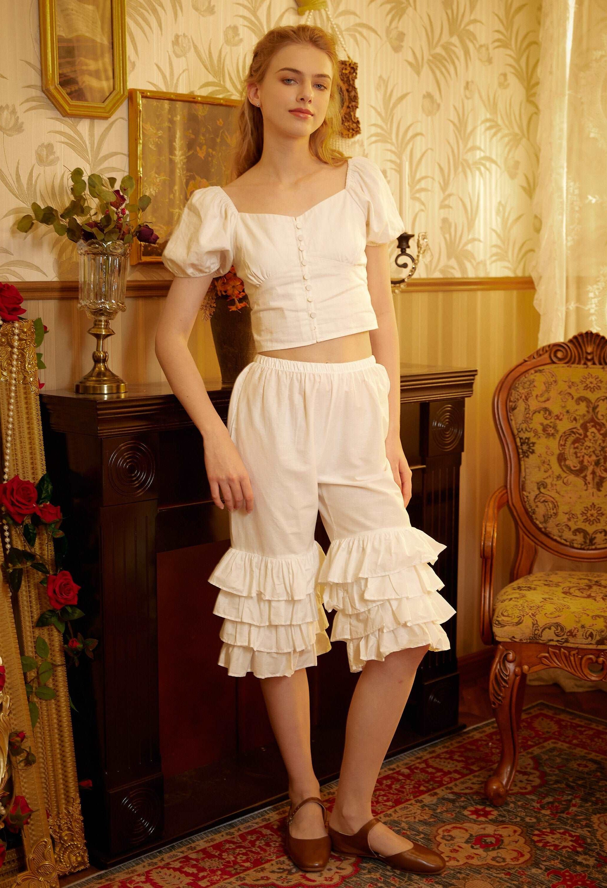 Cotton Victorian Bloomers Ruffles Woman Pantaloons Bloomer Pants Cropped Pants Loungewear Cotton Pettipants