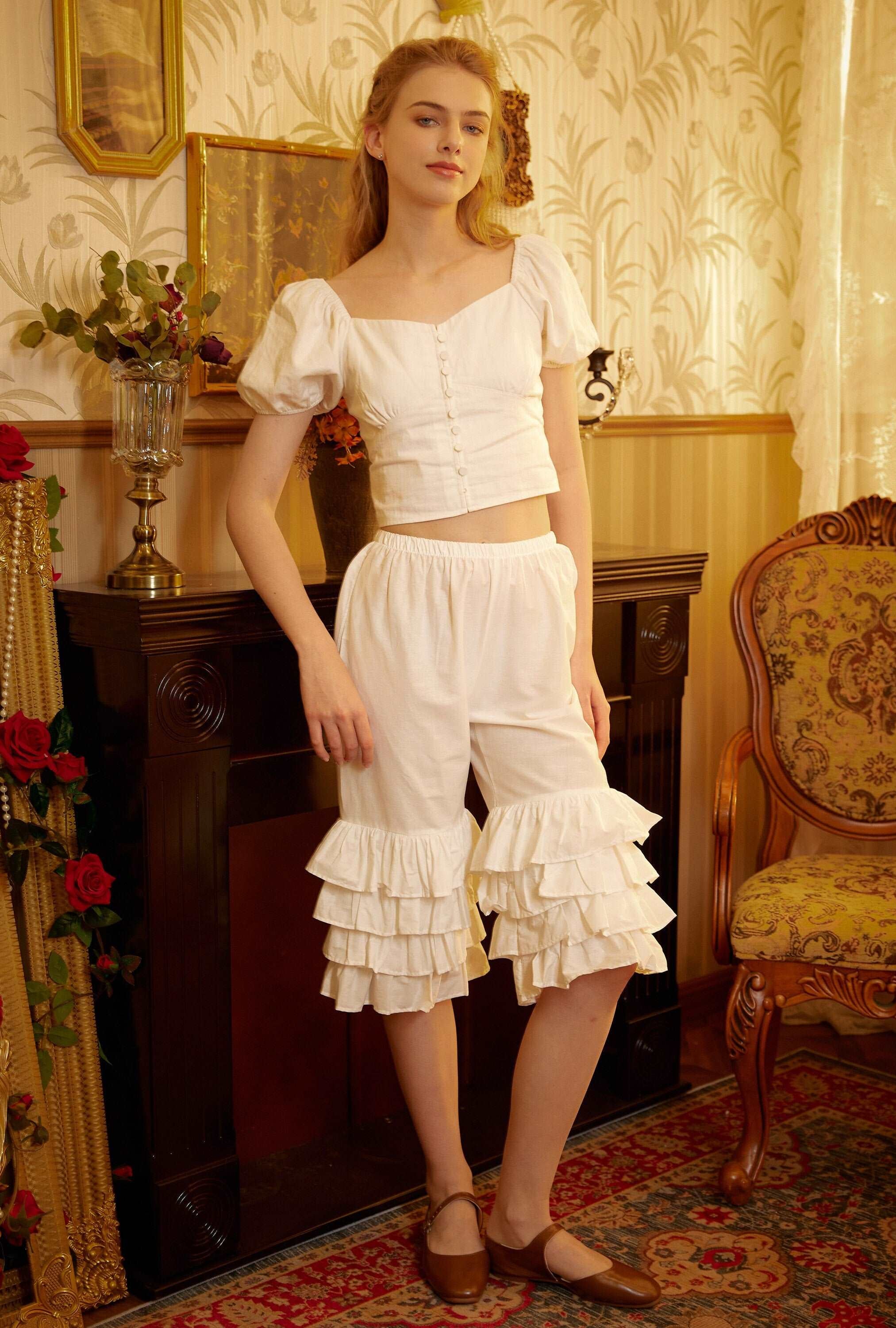 Cotton Victorian Bloomers Ruffles Woman Pantaloons Bloomer Pants Cropped Pants Loungewear Cotton Pettipants