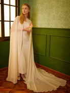 Bridal Cape Pearl Ivory Chiffon Long Cape Wedding cape for Bride Wedding White Cloak With Train Photo Shoot Cape Length
