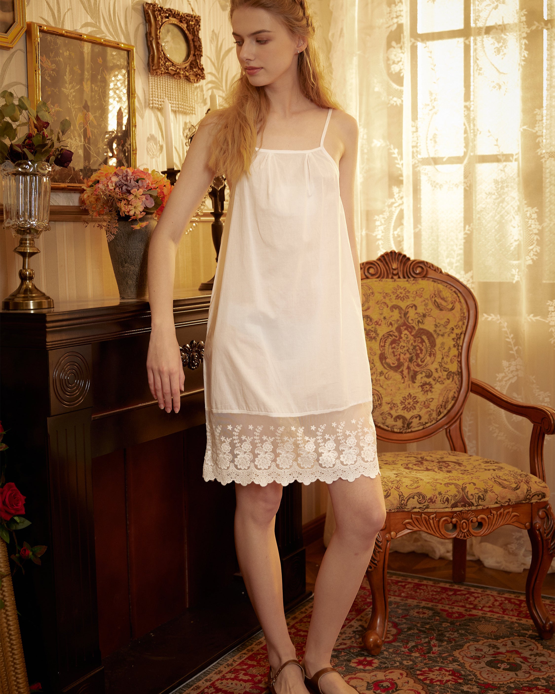 Women Full Cotton Slip Dress Victorian Petticoat Skirt Extender Sleepwear Full slip Strap Dress Flower and Vine Lace Hem