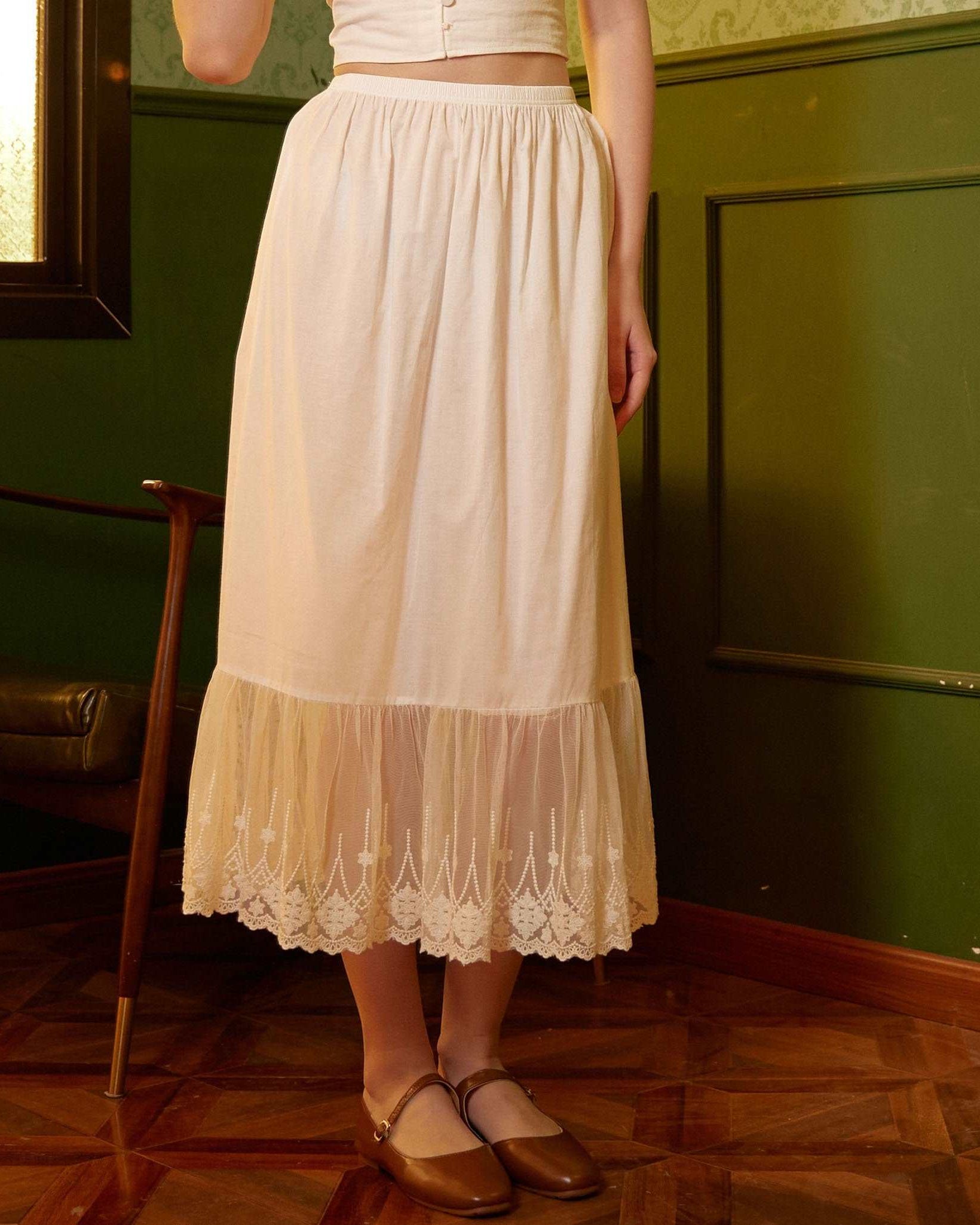 Half Slip Cotton Petticoat Skirt Extender Slip Flowers Lace Trim Unterrock Vintage Inspired Underskirt Ivory Black