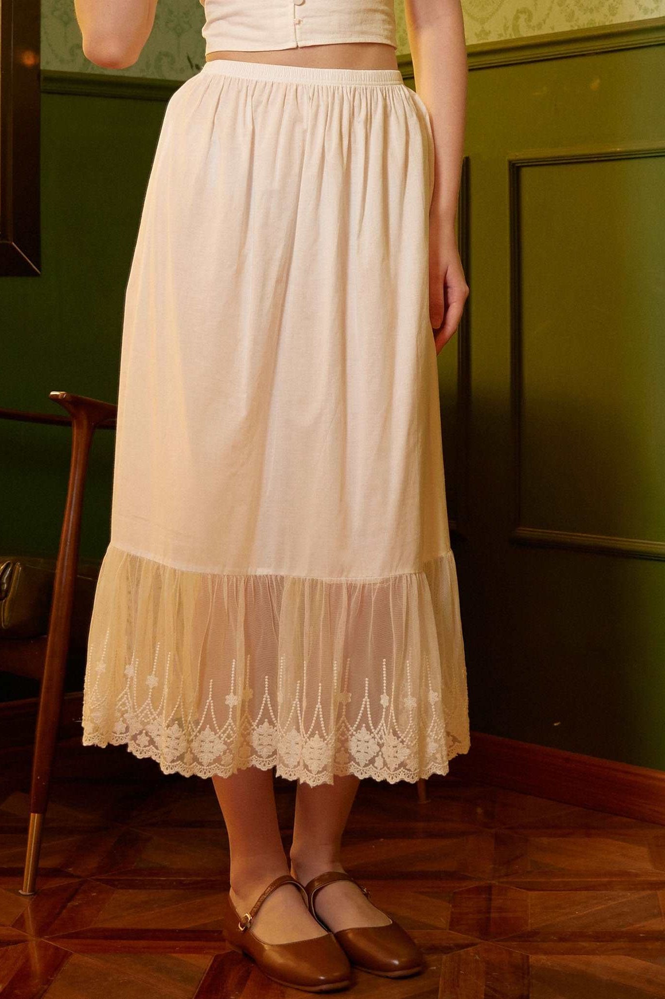 Half Slip Cotton Petticoat Skirt Extender Slip Flowers Lace Trim Unterrock Vintage Inspired Underskirt Ivory Black