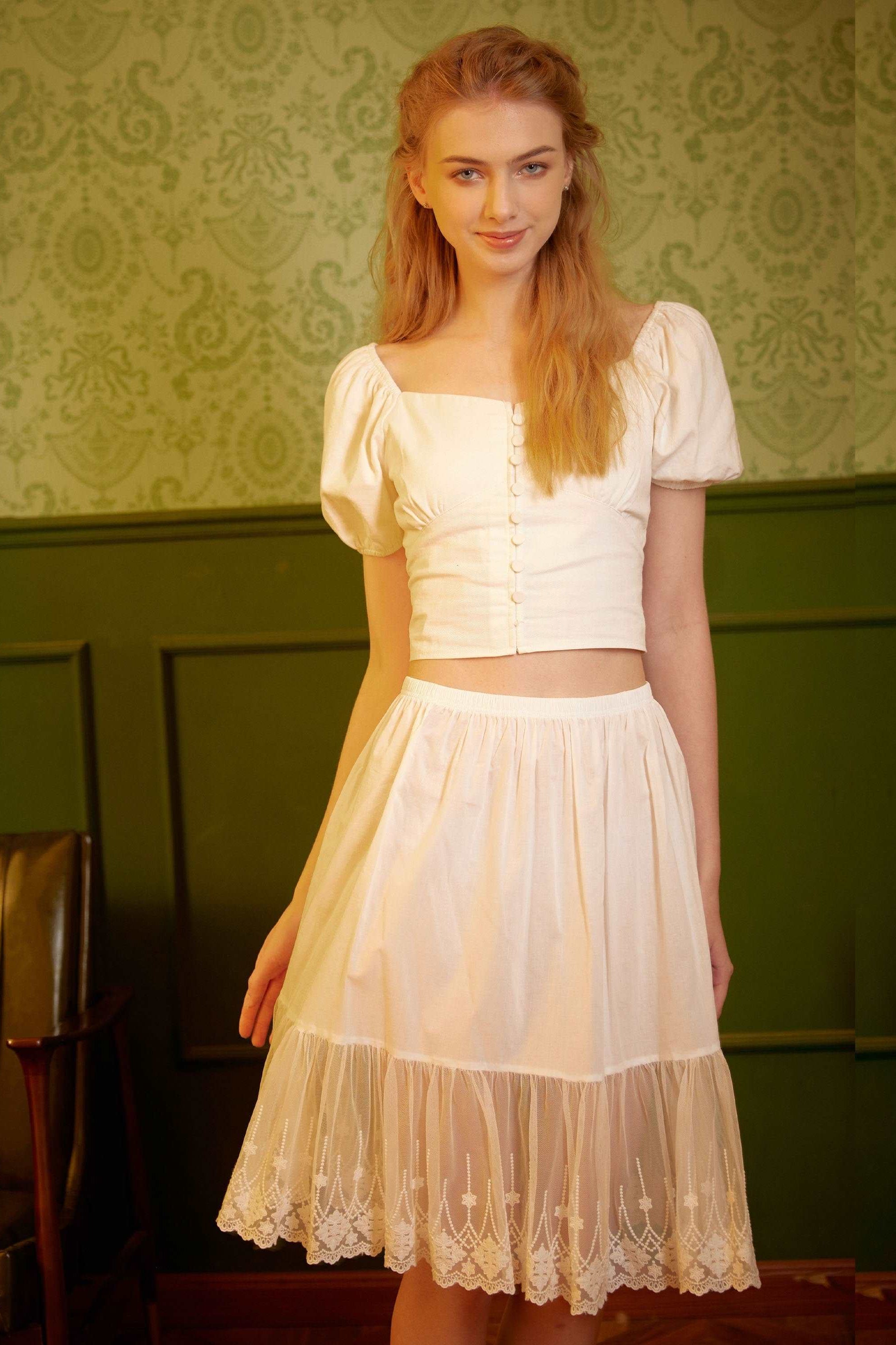 Half Slip Cotton Petticoat Skirt Extender Slip Flowers Lace Trim Unterrock Vintage Inspired Underskirt Ivory Black