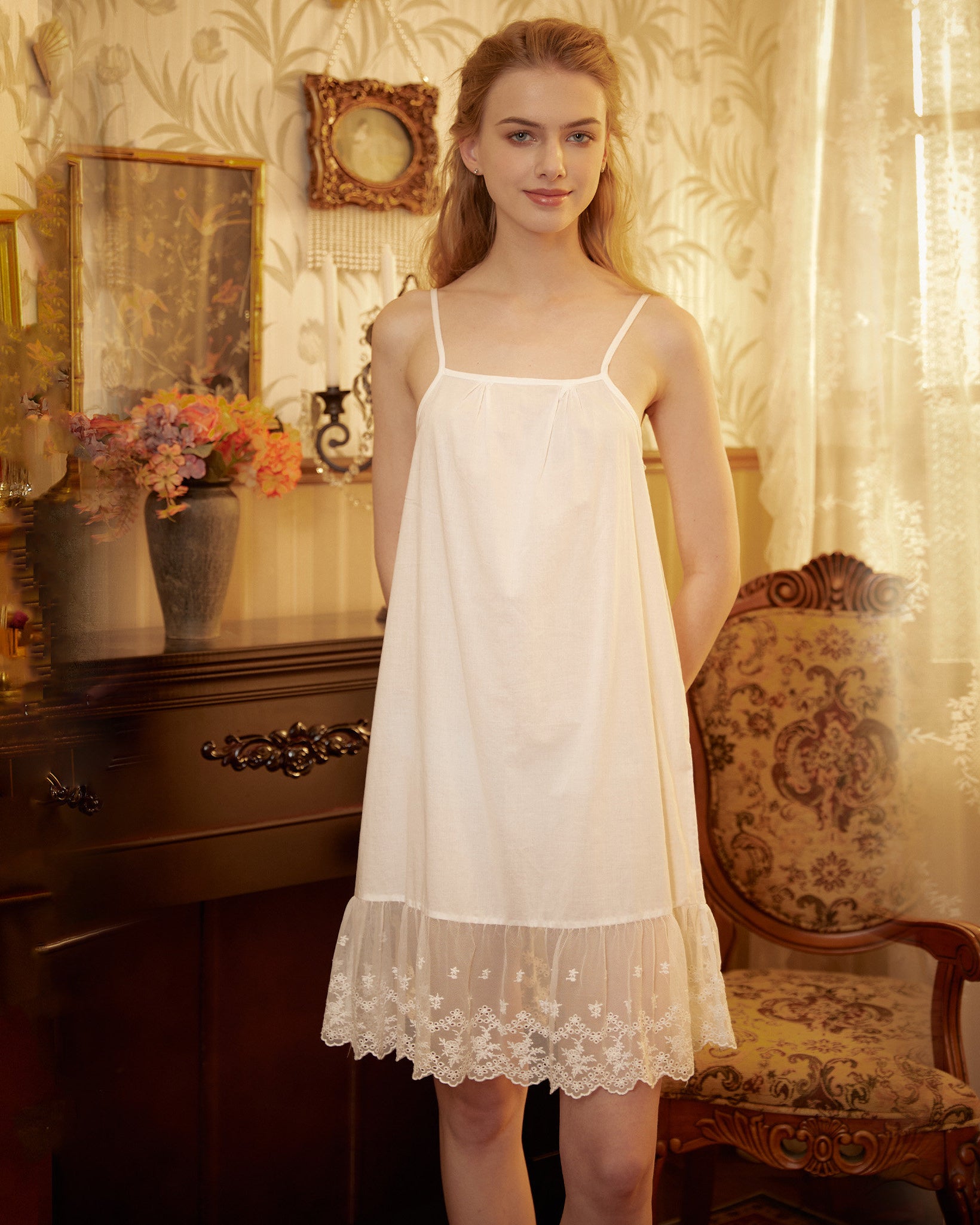 Women Full Cotton Slip Dress Retro Style Petticoat Skirt Extender Sleepwear Full slip Strap Dress Flower Embroidery Hem