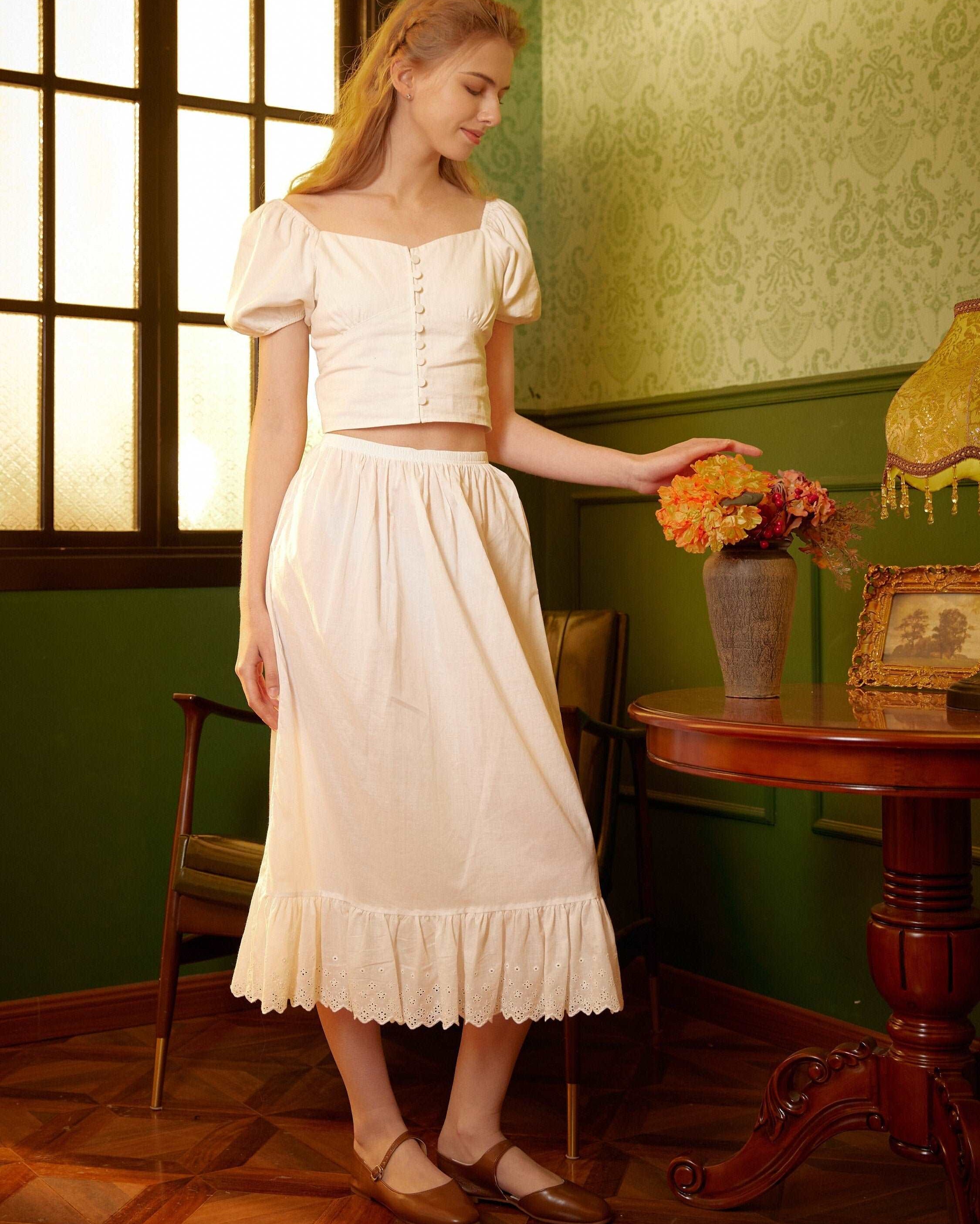 Half Slip Cotton Petticoat Skirt Extender Slip Lace Embroidery Unterrock Medieval Underskirt Ivory Black