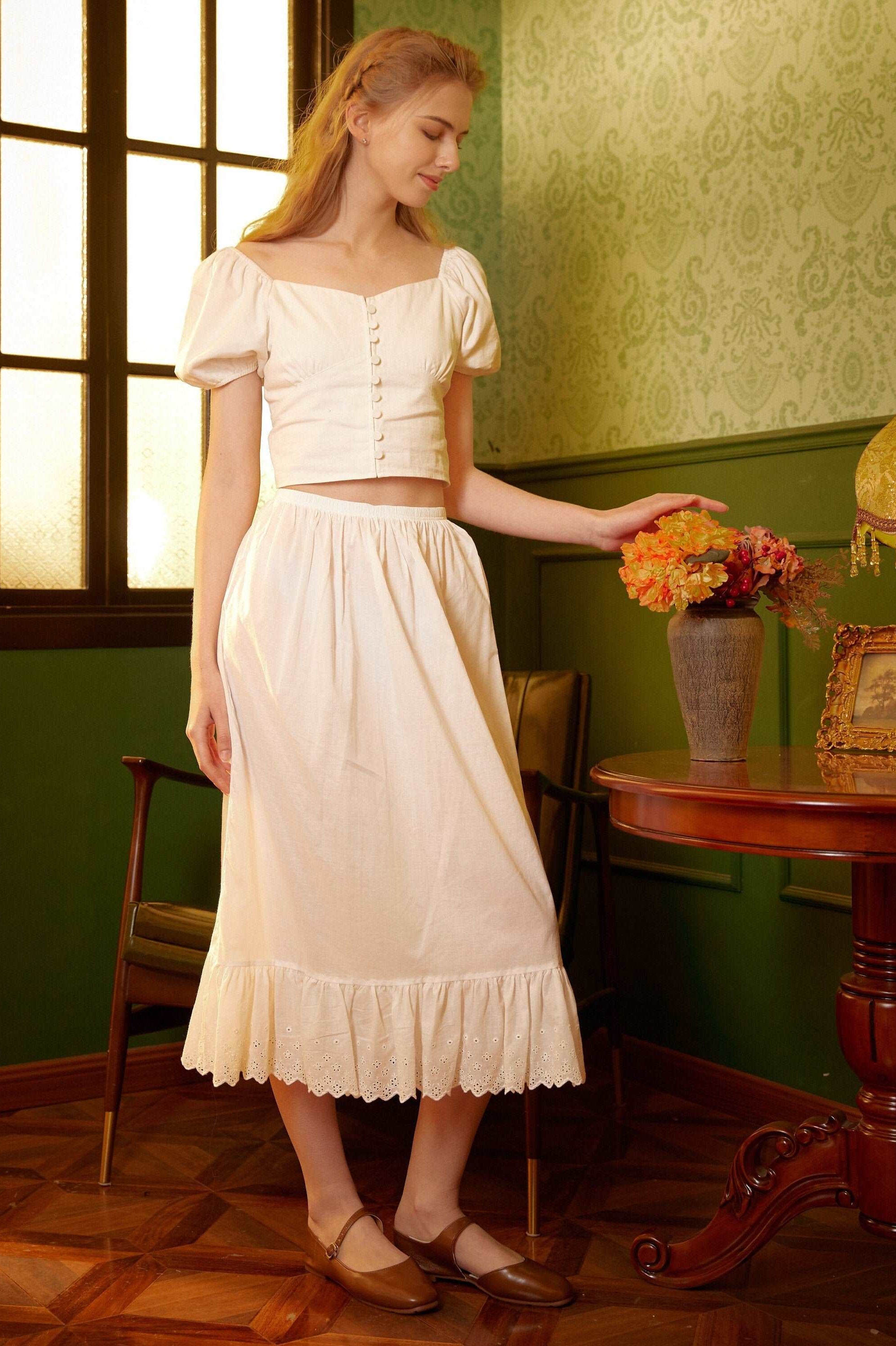 Half Slip Cotton Petticoat Skirt Extender Slip Lace Embroidery Unterrock Medieval Underskirt Ivory Black