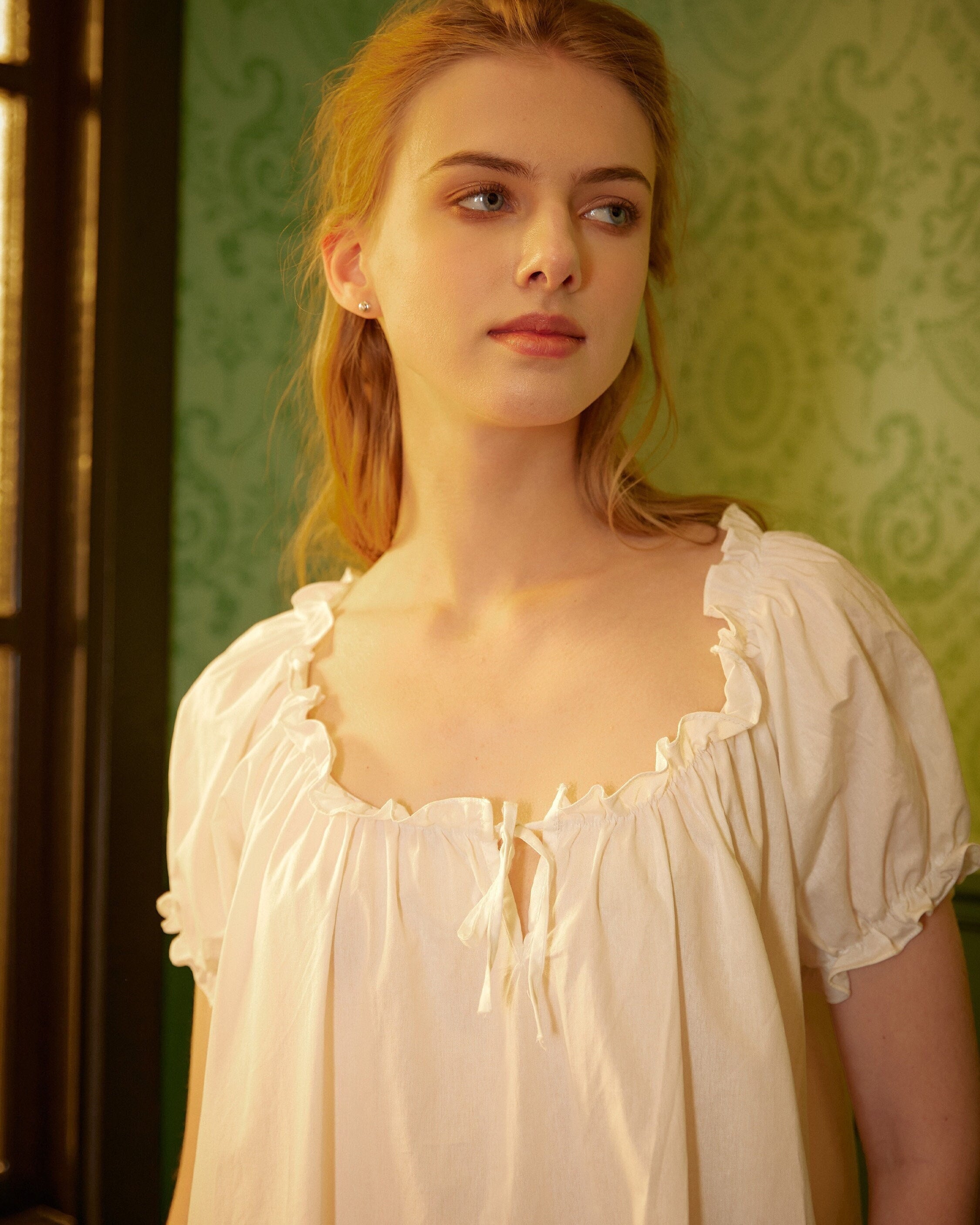 Ruffled Victorian Nightgown Vintage Inspired Summer Nightgown Loose White Long Sleepwear Ruffled Scoop Neckline Dress Elastic Sleeves