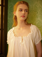 Ruffled Victorian Nightgown Vintage Inspired Summer Nightgown Loose White Long Sleepwear Ruffled Scoop Neckline Dress Elastic Sleeves