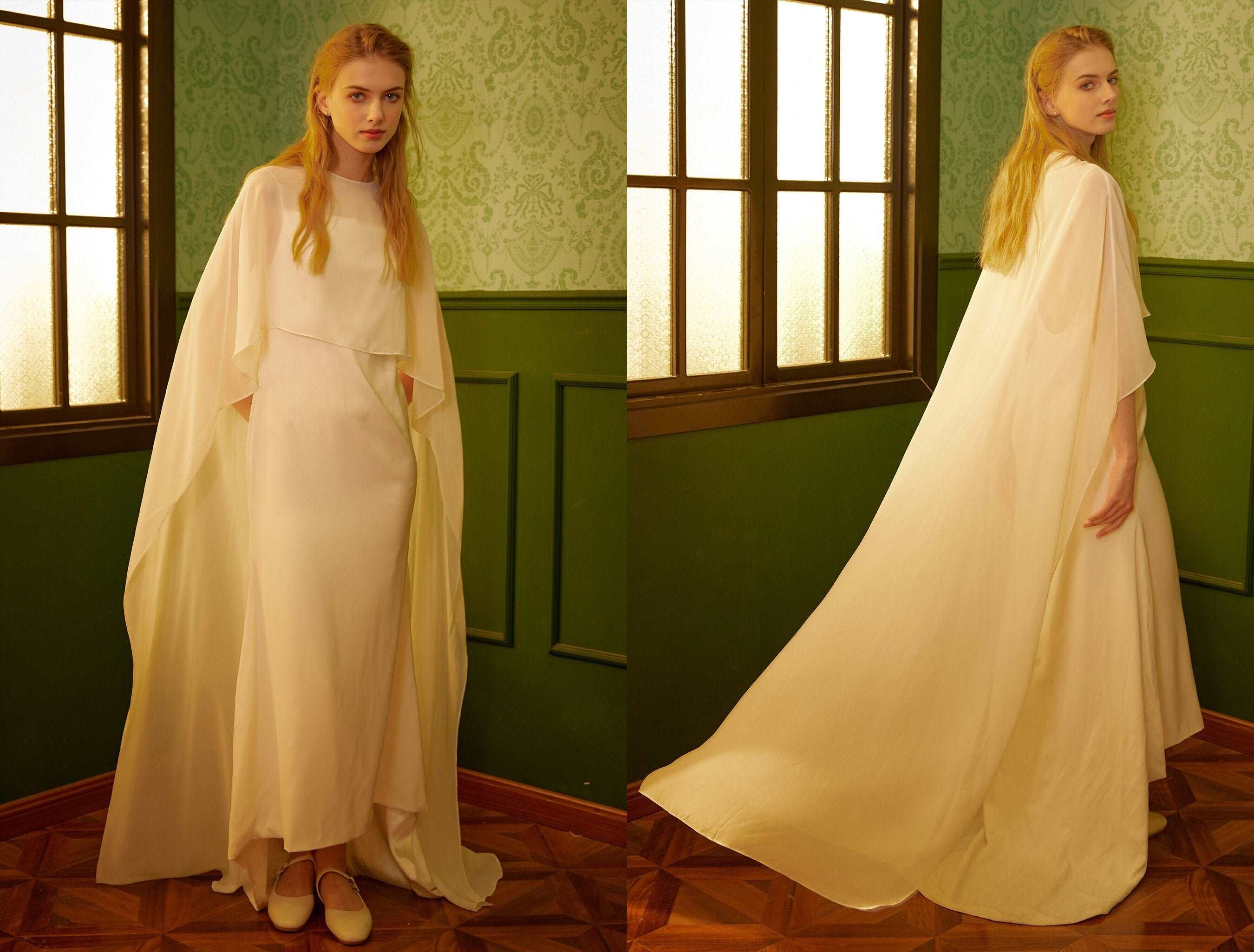 Bridal Cape High Low Chiffon Long Ivory Cape Wedding Bolero for Bride Wedding Shoulder cover up Bridal Jacket cape