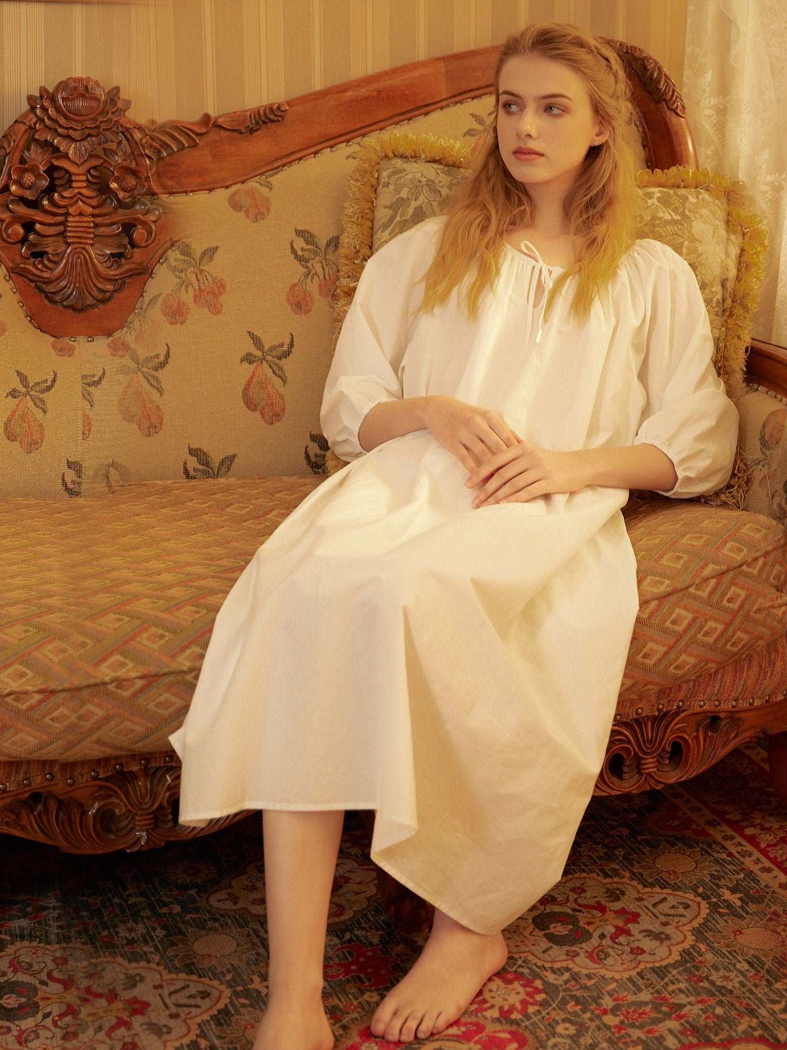 Nightgown Cotton for Women Victorian Nightgown Long Sleepwear Scoop Neck Three-quarter Sleeve Medieval Nightgown Plus Size