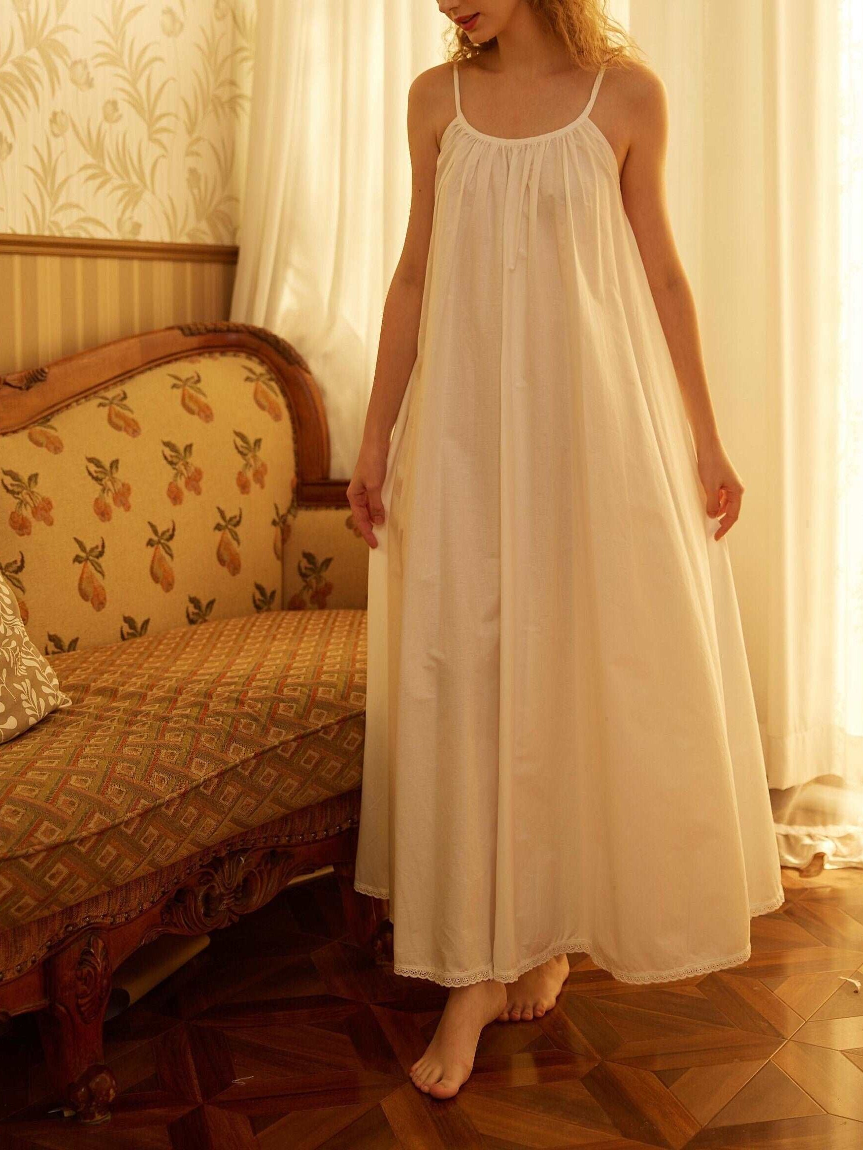Nightgown 100% Cotton Nightgown Victorian Nightgown Women White long nightgown Honeymoon Bridal Lingerie Sleeveless nightgown