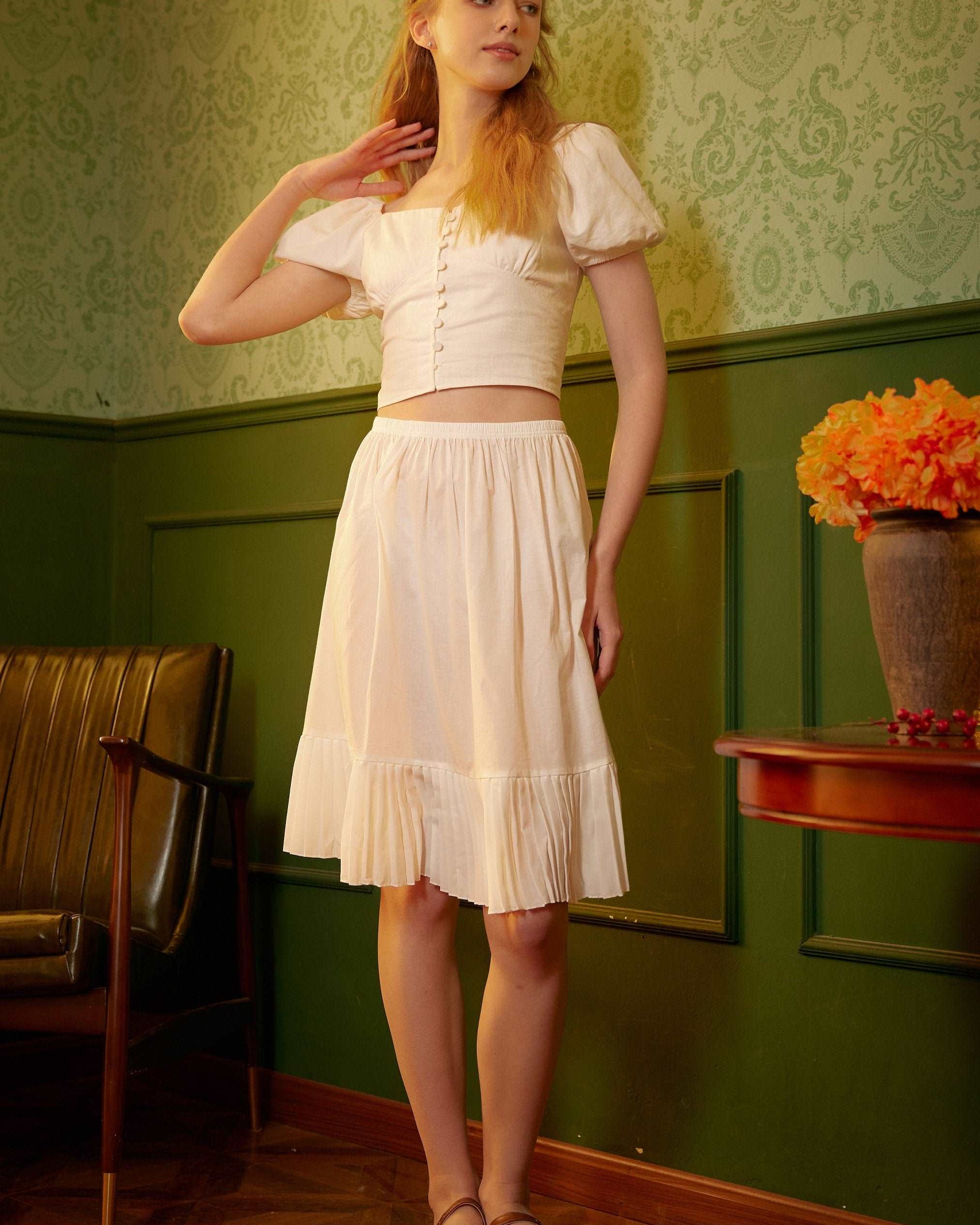 Half Slip Cotton Pleated Skirt Design Petticoat Skirt Extender Unterrock Vintage Inspired Underskirt Ivory Knee Length Elastic Waistband