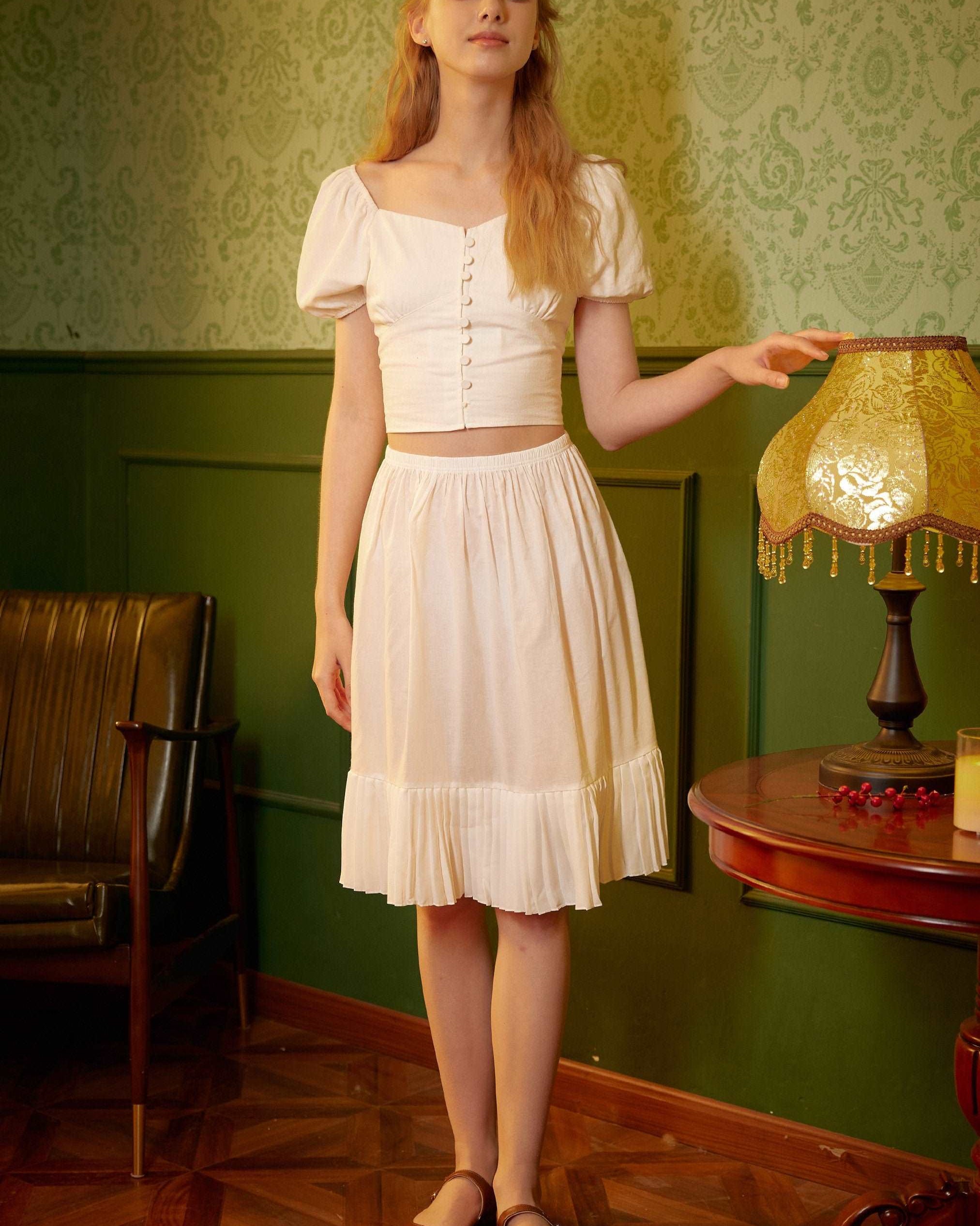 Half Slip Cotton Pleated Skirt Design Petticoat Skirt Extender Unterrock Vintage Inspired Underskirt Ivory Knee Length Elastic Waistband