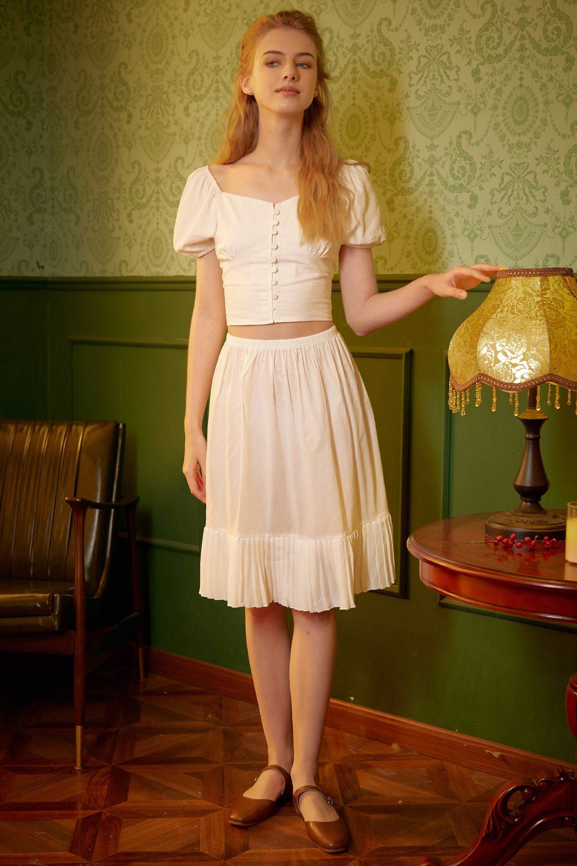 Half Slip Cotton Pleated Skirt Design Petticoat Skirt Extender Unterrock Vintage Inspired Underskirt Ivory Knee Length Elastic Waistband