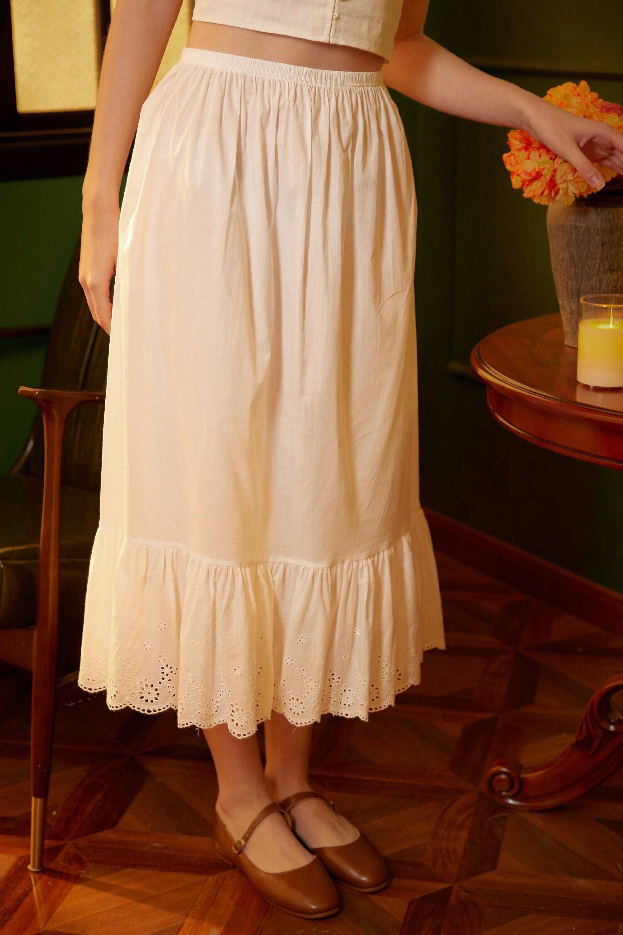 Half Slip Cotton Petticoat Skirt Extender Slip Hollow Flowers Lace Unterrock Vintage Inspired Underskirt Ivory