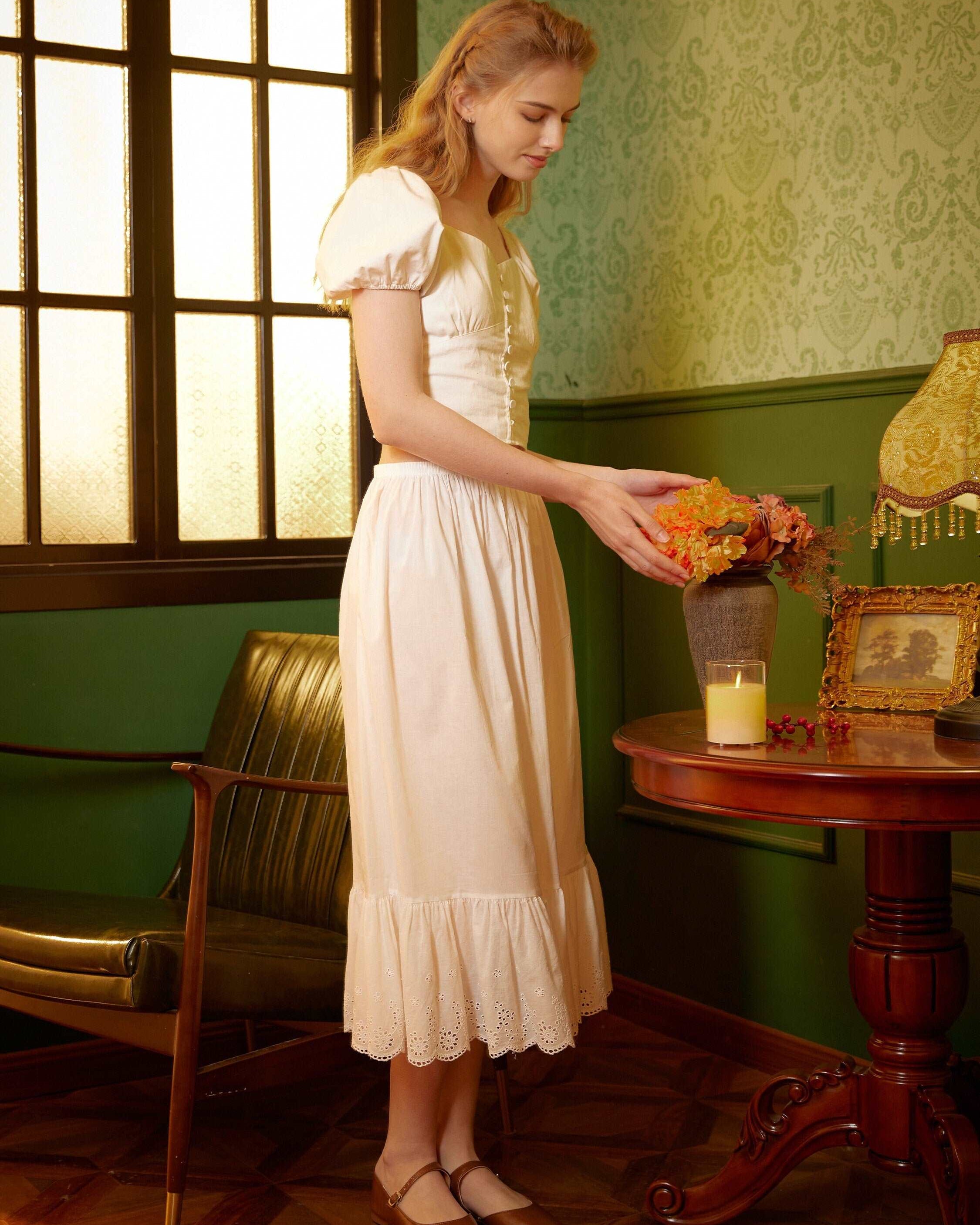 Half Slip Cotton Petticoat Skirt Extender Slip Hollow Flowers Lace Unterrock Vintage Inspired Underskirt Ivory