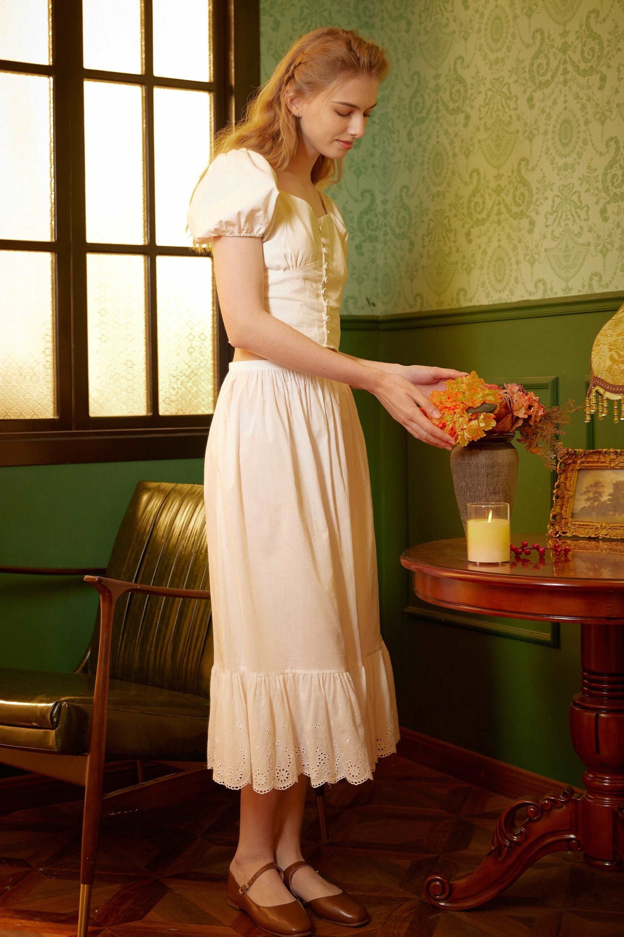 Half Slip Cotton Petticoat Skirt Extender Slip Hollow Flowers Lace Unterrock Vintage Inspired Underskirt Ivory