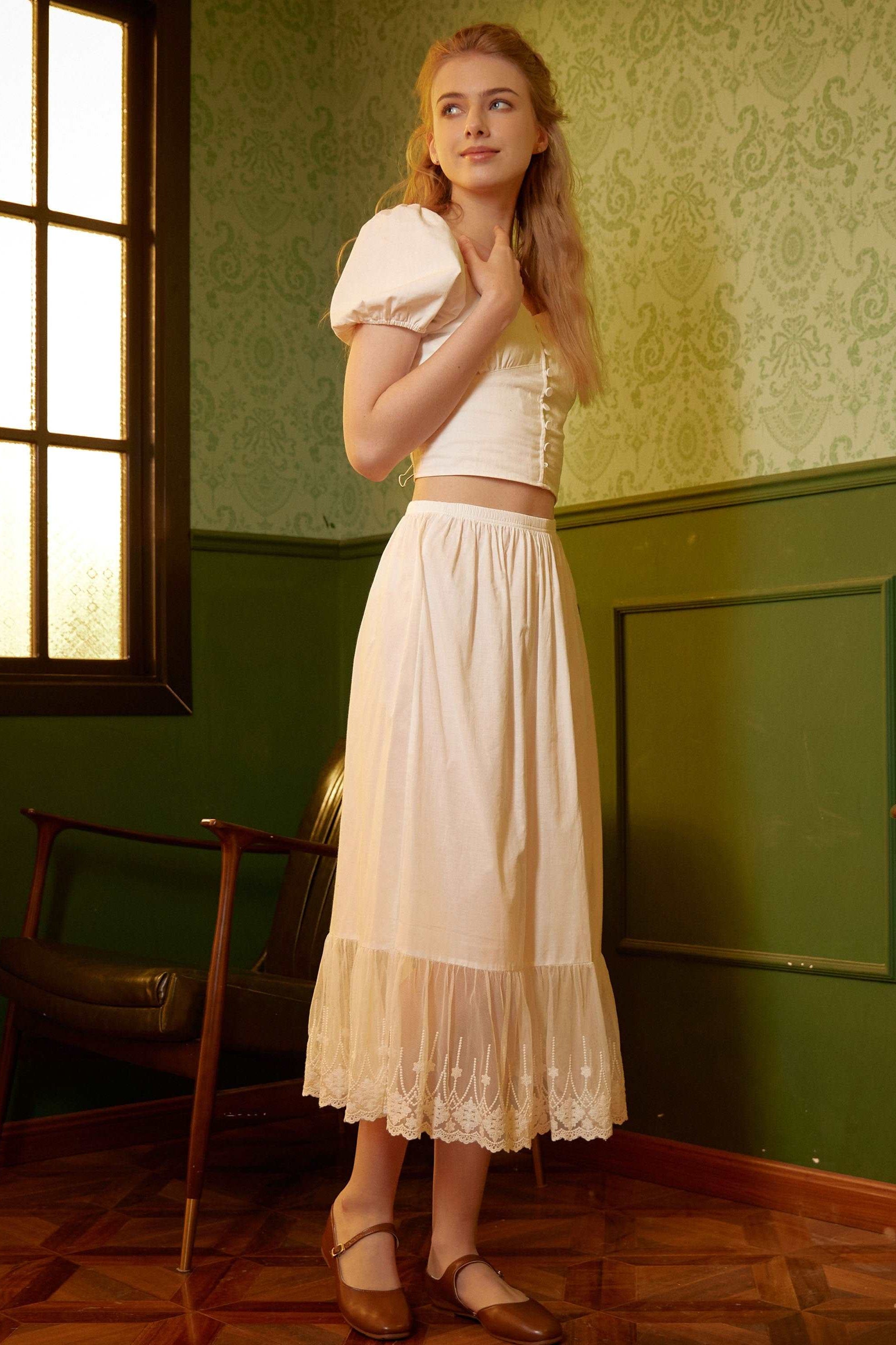 Half Slip Cotton Petticoat Skirt Extender Slip Flowers Lace Trim Unterrock Vintage Inspired Underskirt Ivory Black