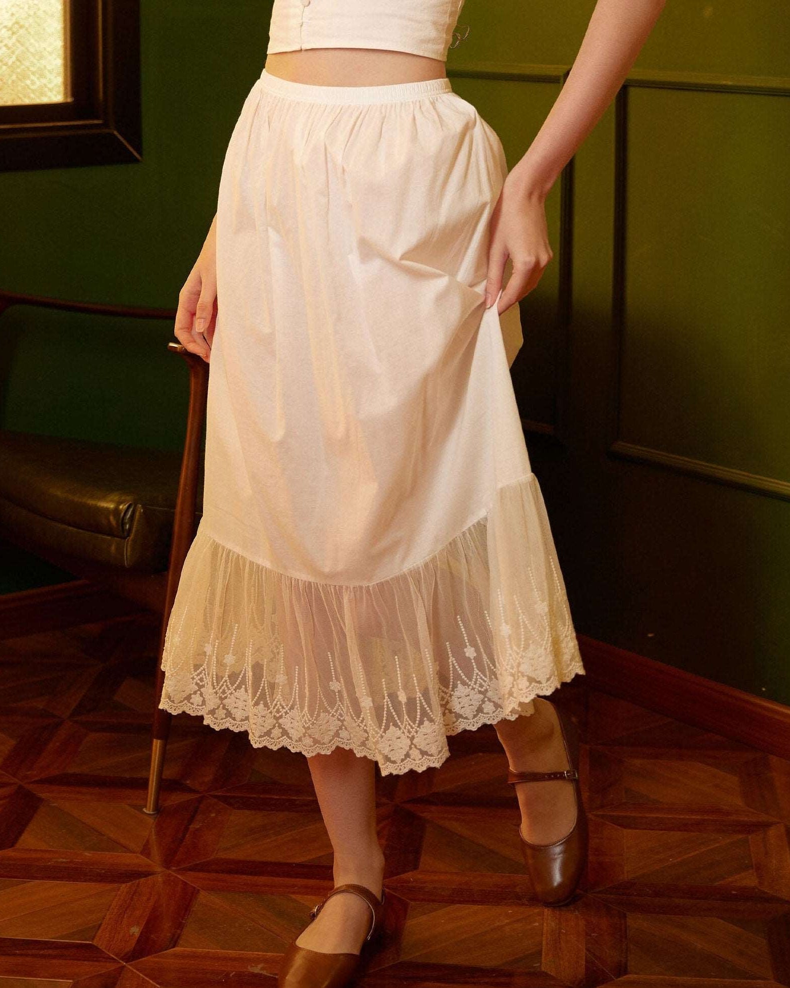 Half Slip Cotton Petticoat Skirt Extender Slip Flowers Lace Trim Unterrock Vintage Inspired Underskirt Ivory Black